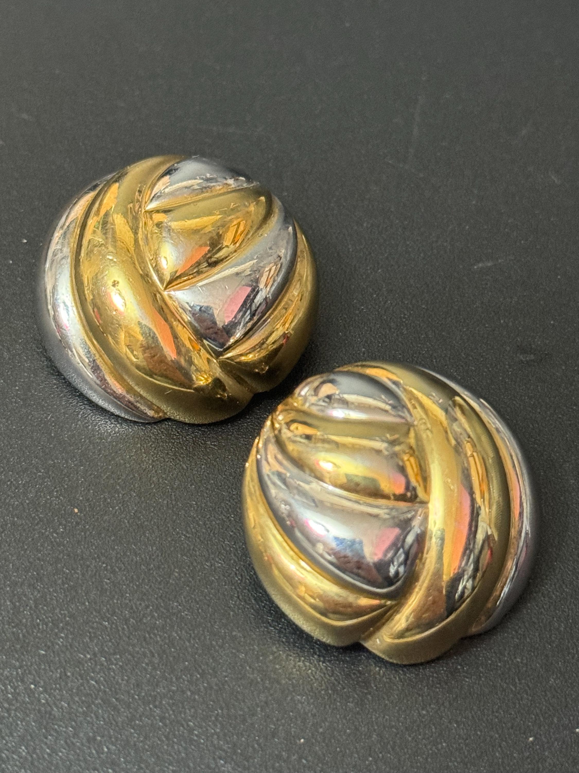 Signed Adrienne Vittadini retro 1980s high end large silver gold domed clip on earrings