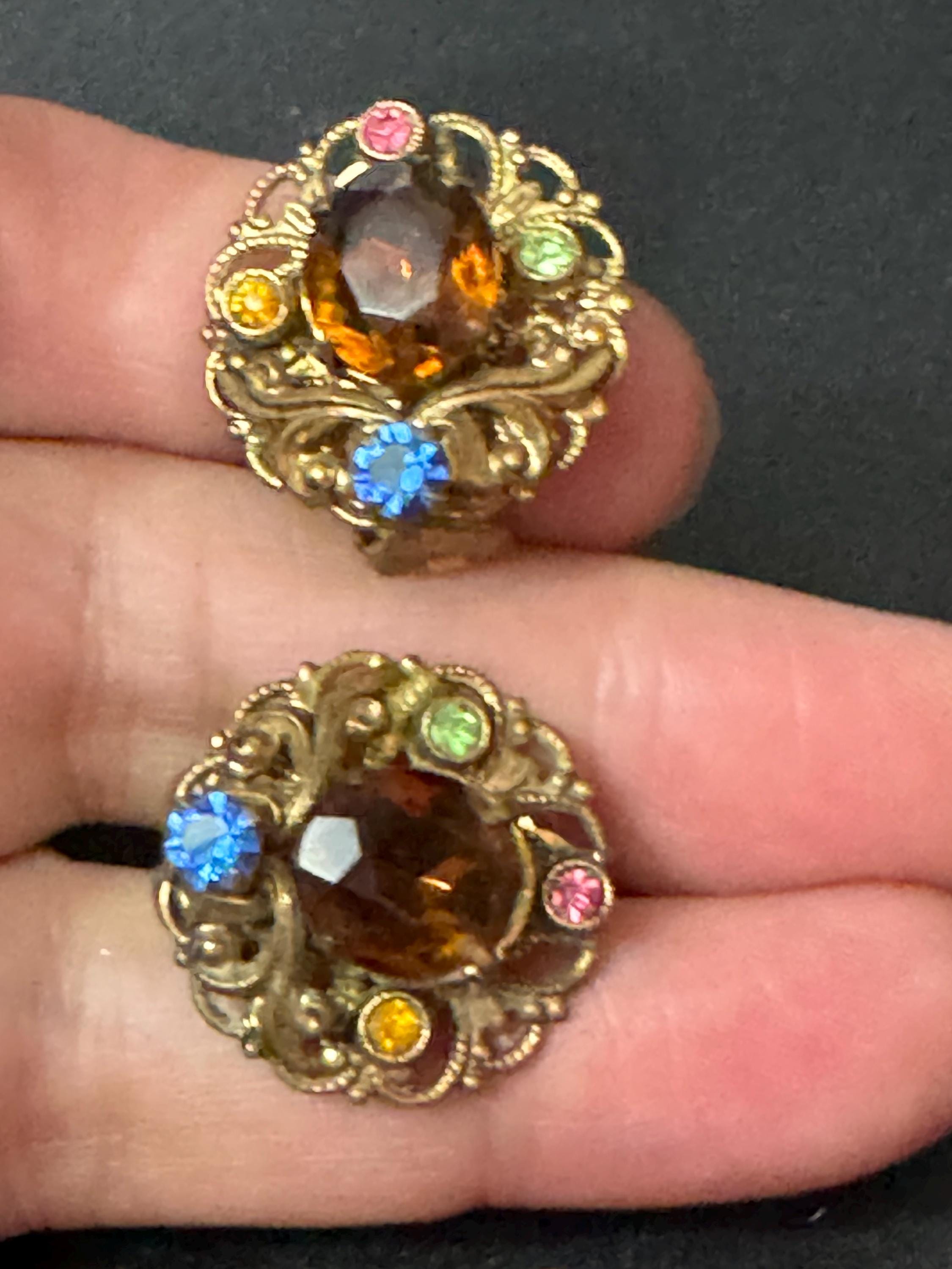 Antique Czech filigree Clip on earrings with cognac brown paste diamanté