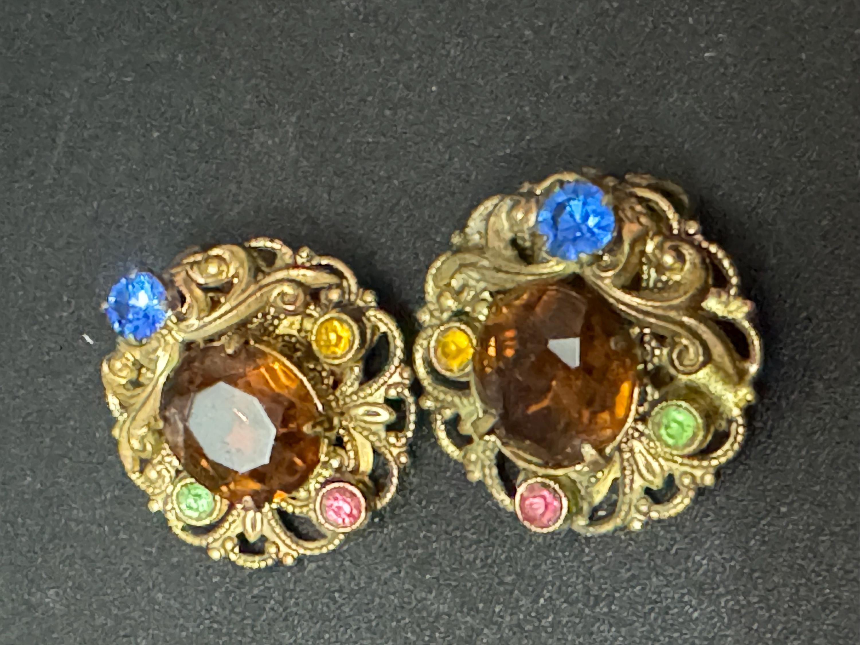 Antique Czech filigree Clip on earrings with cognac brown paste diamanté