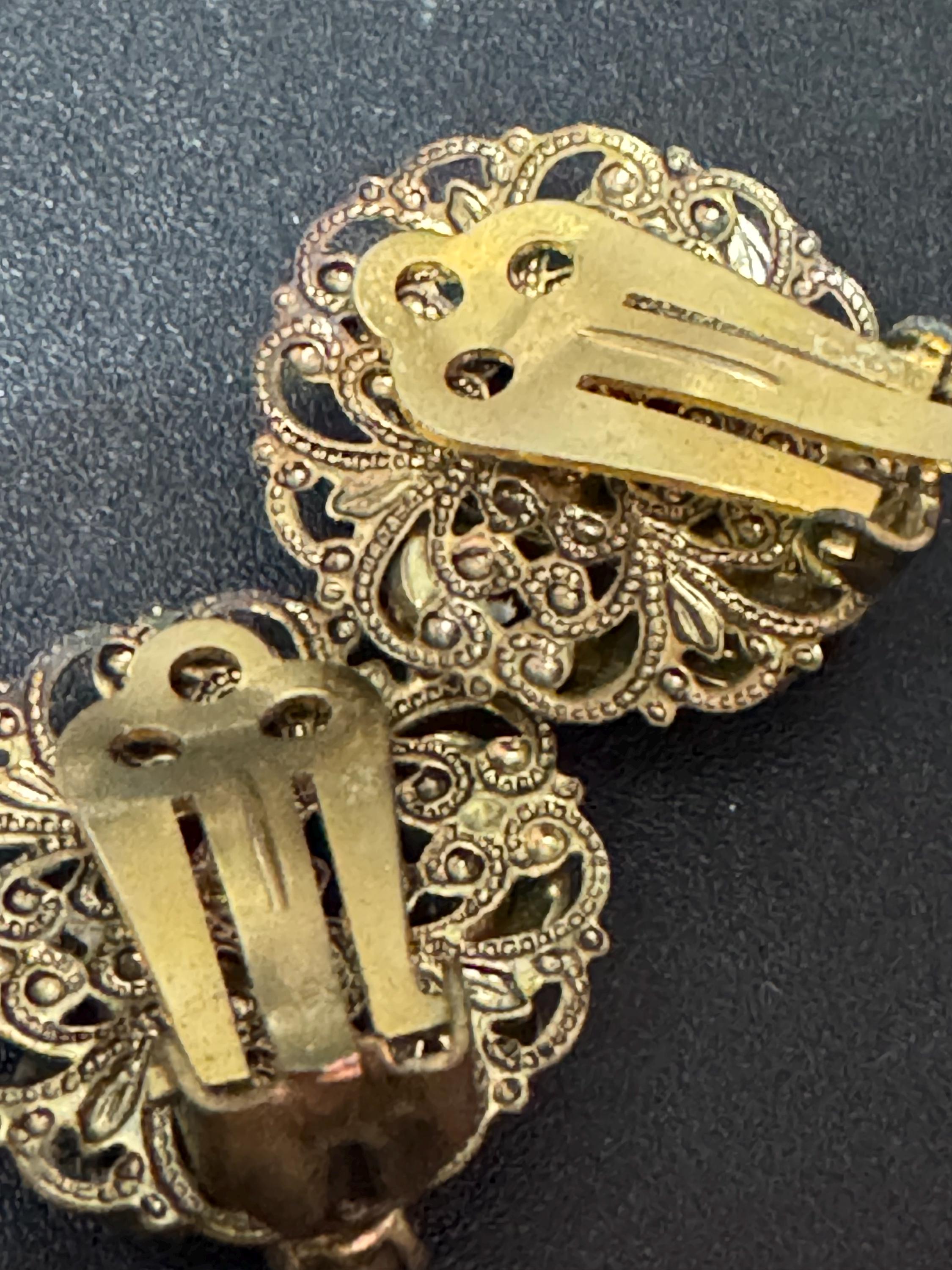 Antique Czech filigree Clip on earrings with cognac brown paste diamanté
