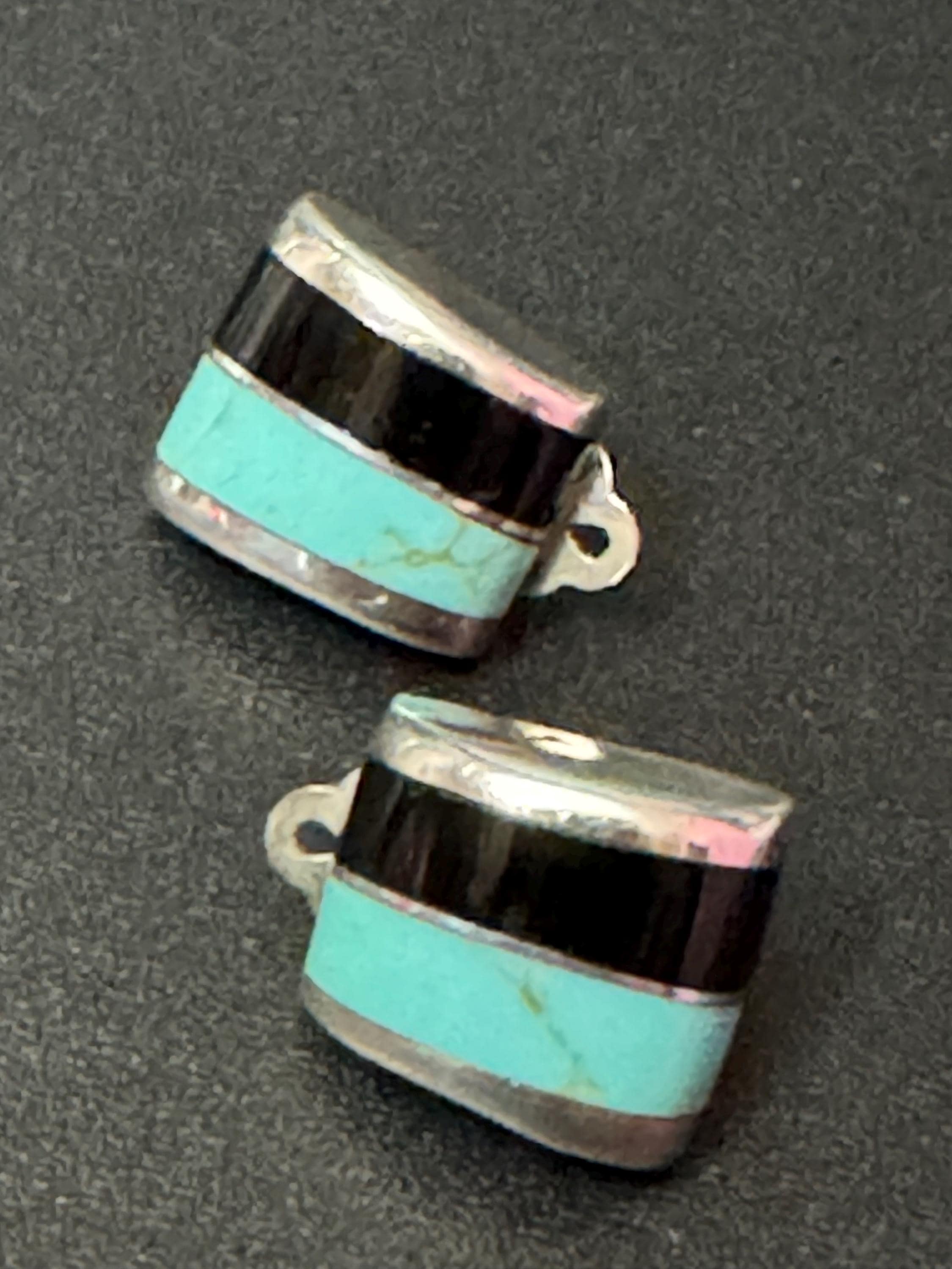 Vintage 925 modernist Mexican sterling silver rectangular blue turquoise gemstone clip on earrings 2cm
