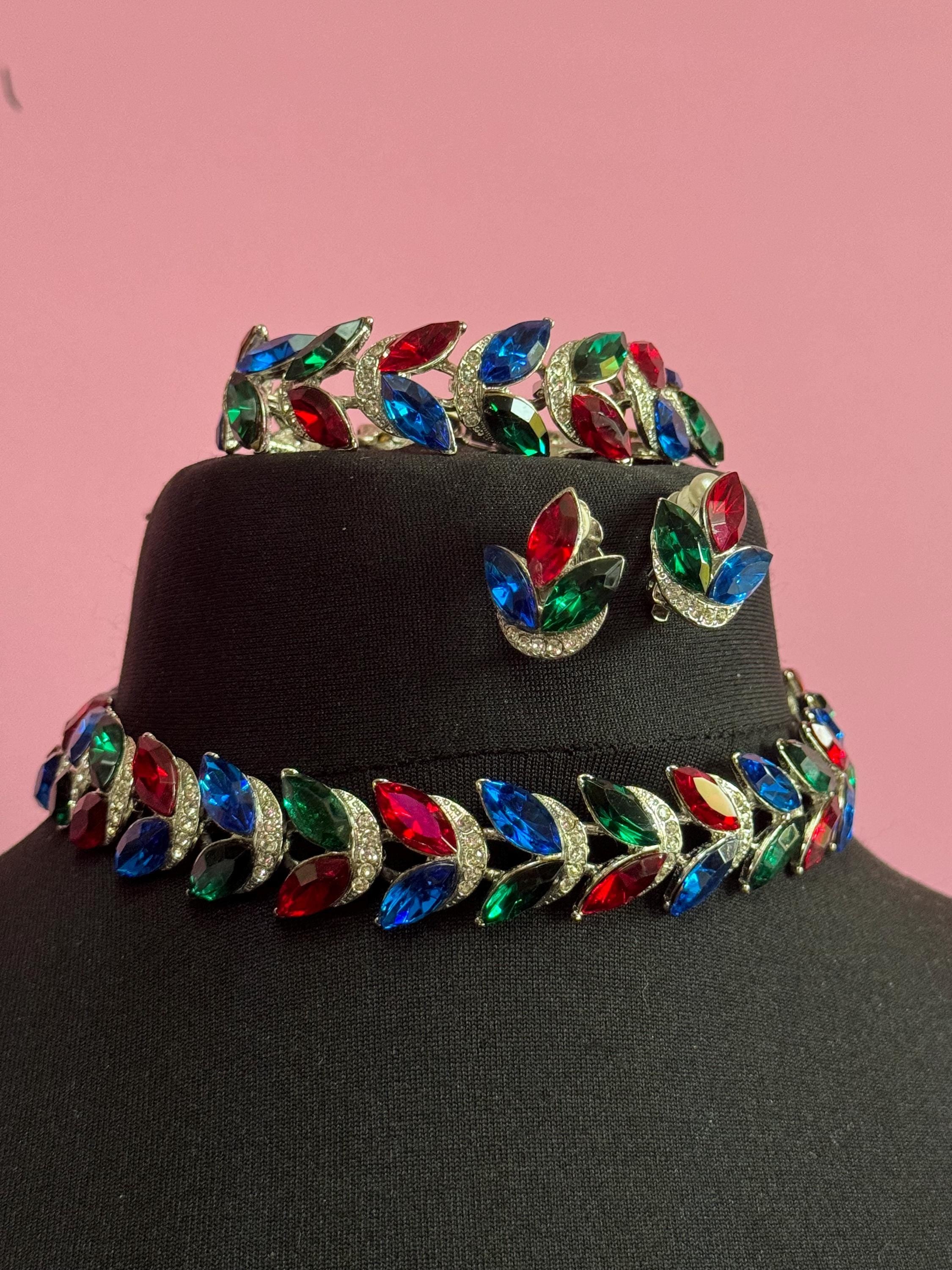 vintage silver tone ruby red, emerald green , sapphire blue Swarovski crystal rhinestone cocktail necklace bracelet and clip on earrings set
