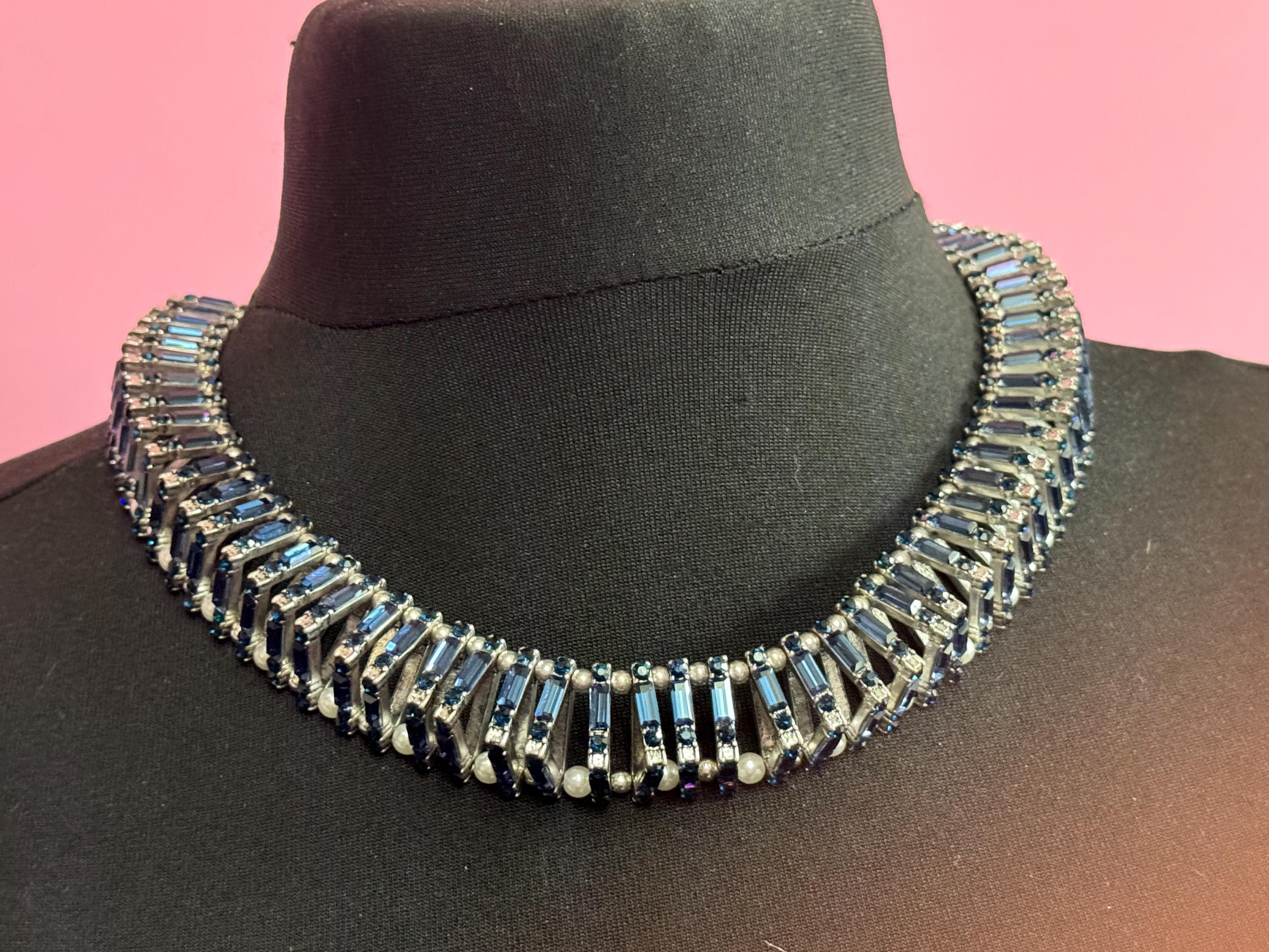 Retro Rhinestone Choker: Dark Petrol Blue Sapphire Crystal, Faux Pearl