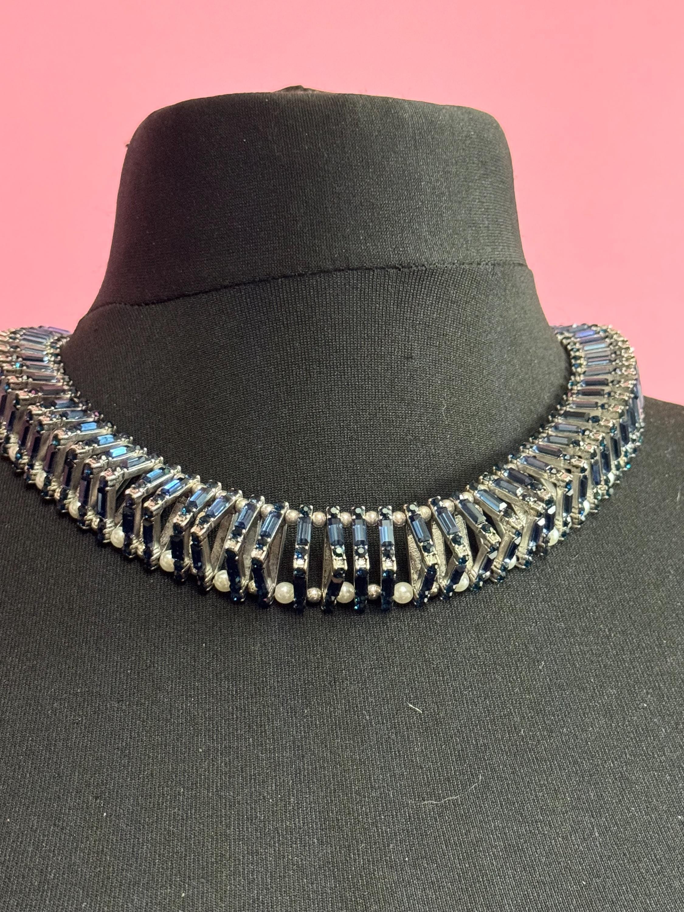 Retro Rhinestone Choker: Dark Petrol Blue Sapphire Crystal, Faux Pearl
