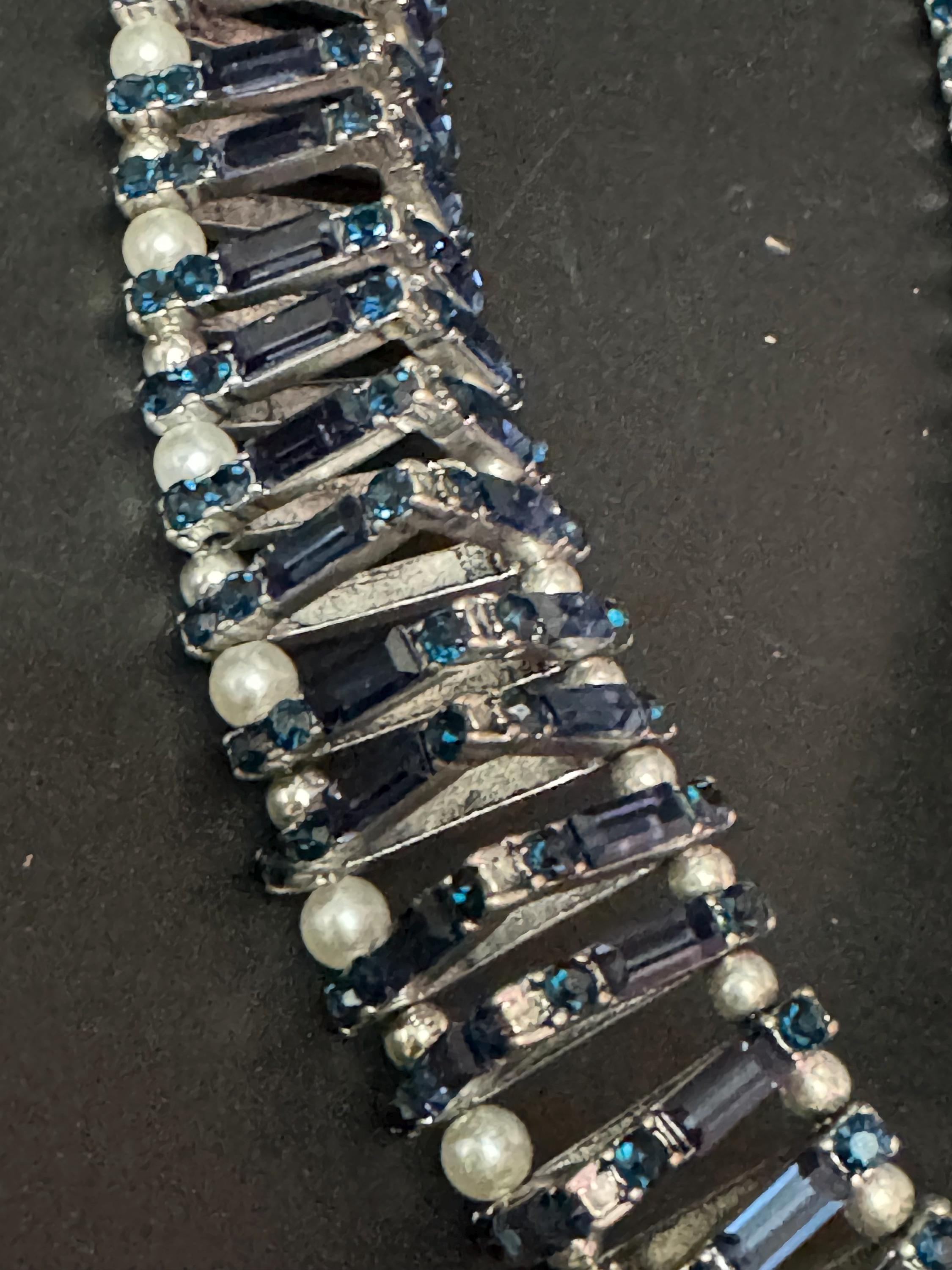 Retro Rhinestone Choker: Dark Petrol Blue Sapphire Crystal, Faux Pearl