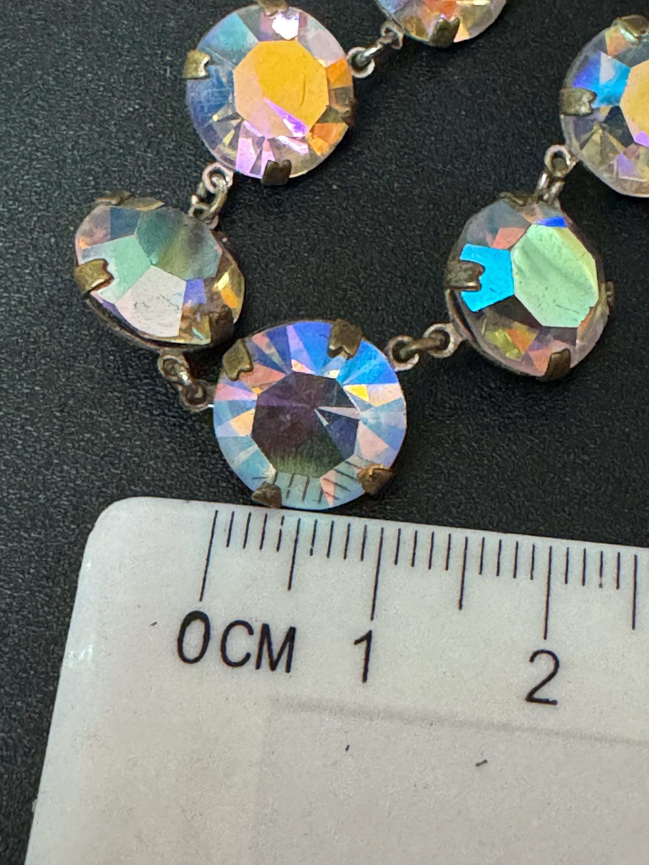 Petite fit Vintage AB Aurora borealis glass necklace rainbow glass open back crystal rivière bezel set