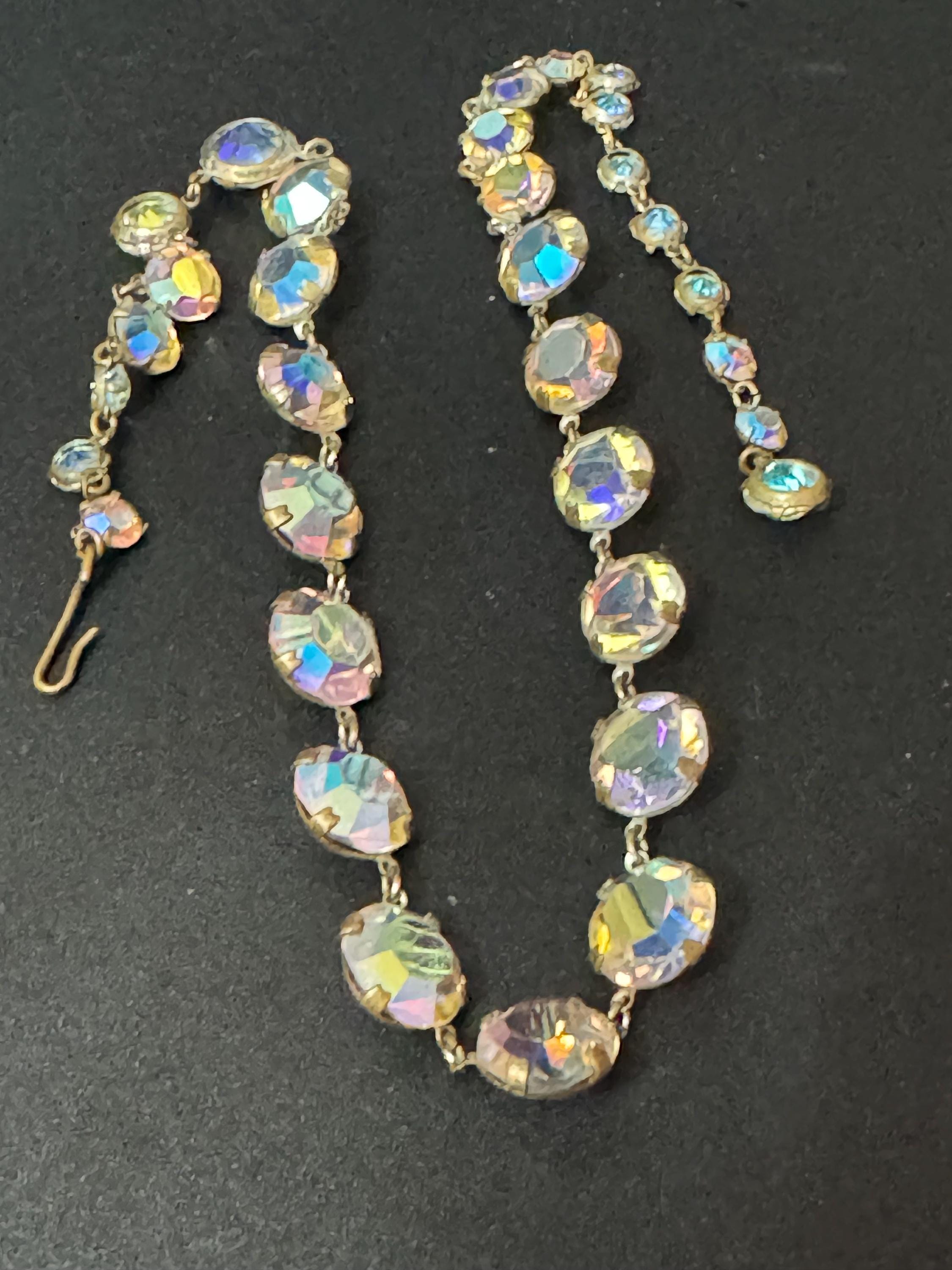 Petite fit Vintage AB Aurora borealis glass necklace rainbow glass open back crystal rivière bezel set