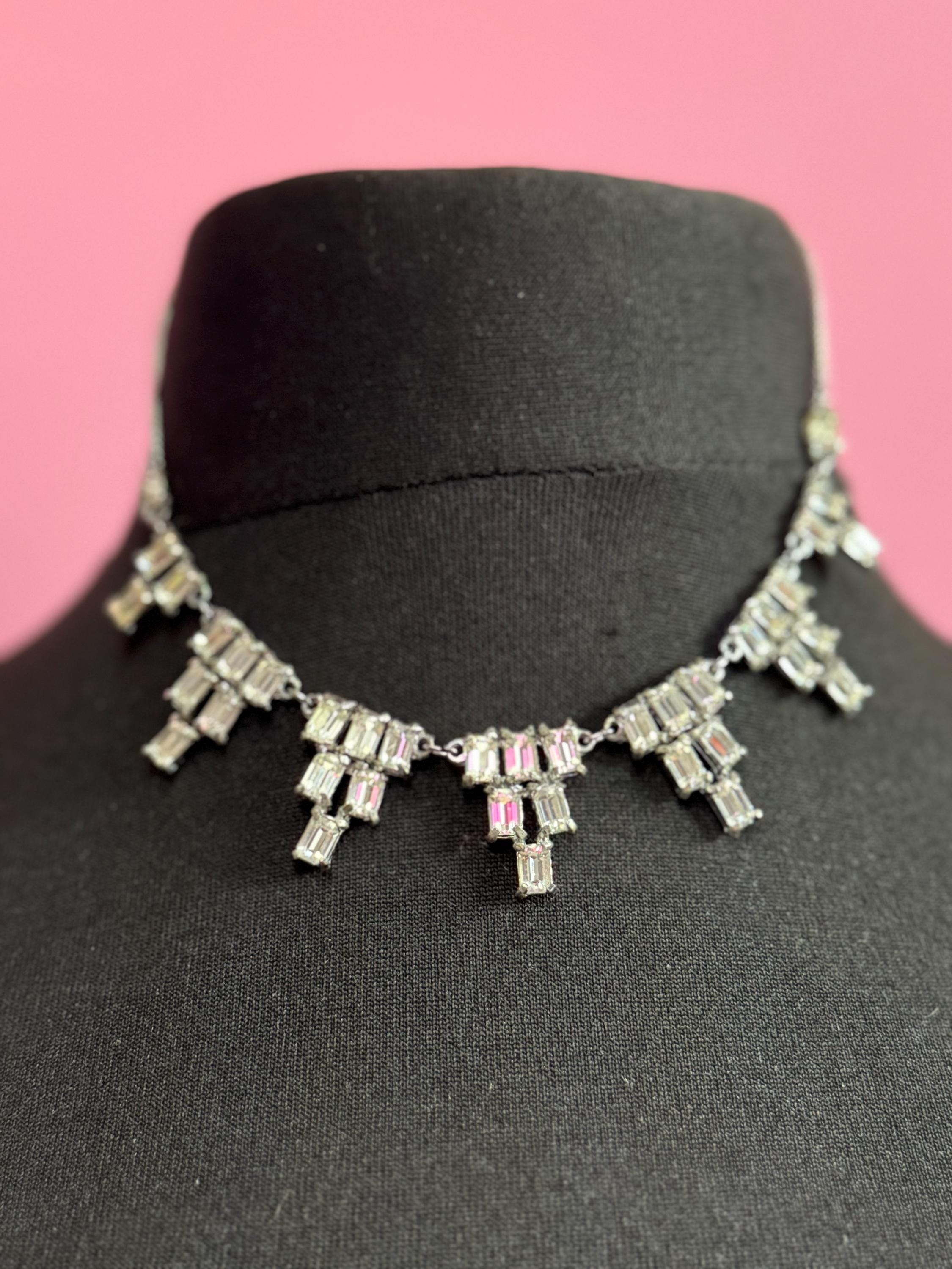 Petite fit 1950s vintage diamante paste baguette diamond choker necklace silver tone chrome