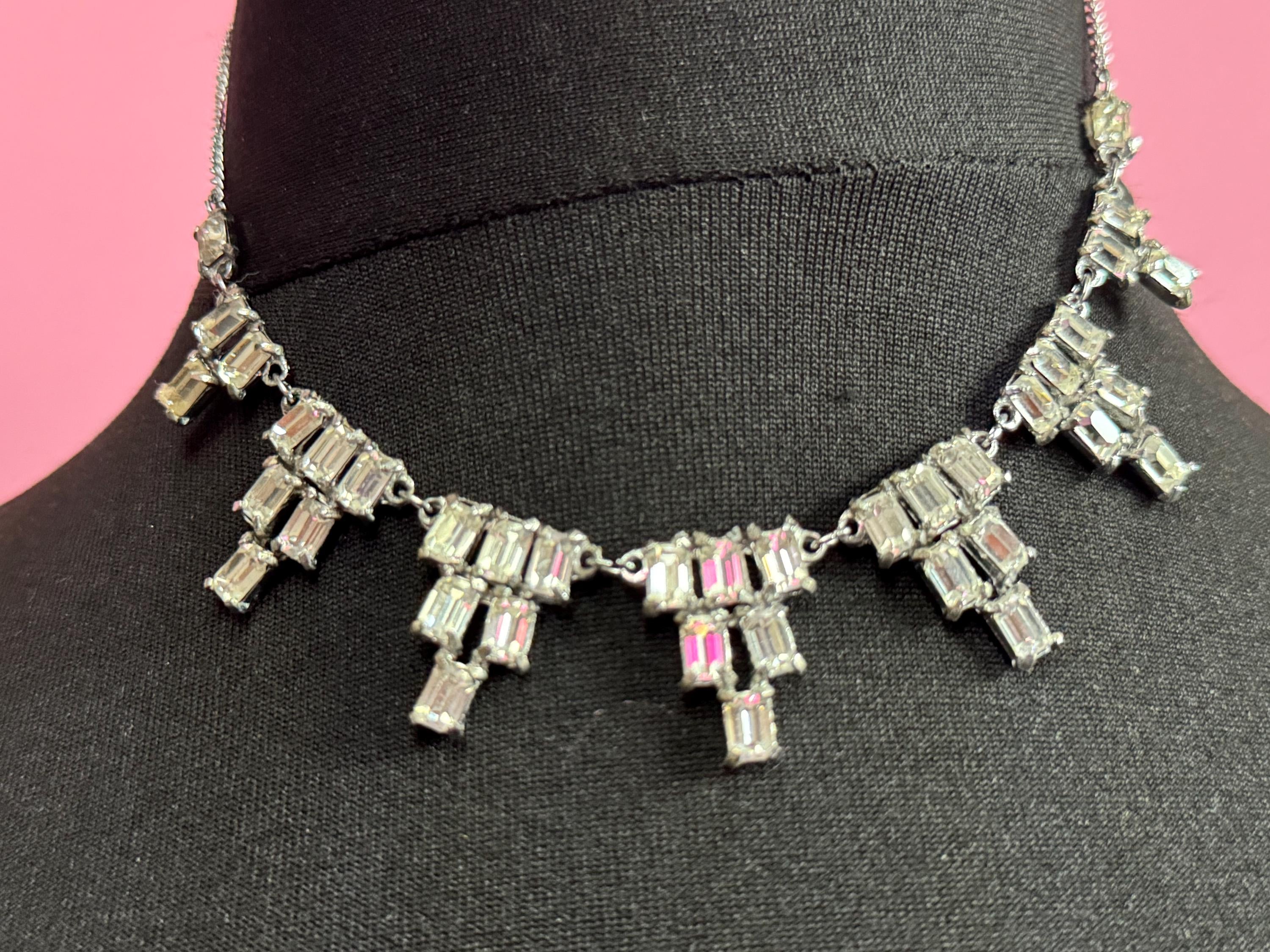 Petite fit 1950s vintage diamante paste baguette diamond choker necklace silver tone chrome