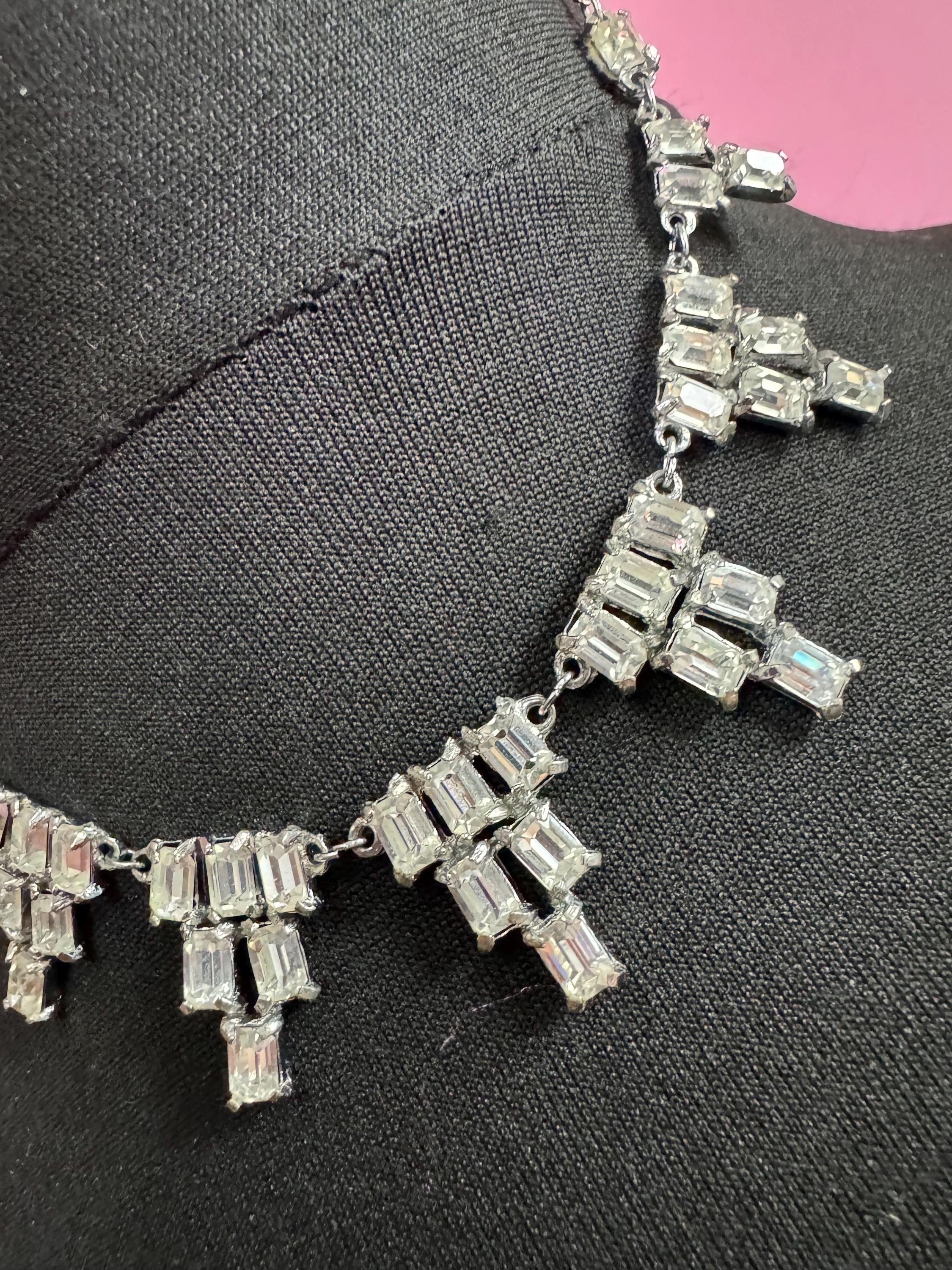 Petite fit 1950s vintage diamante paste baguette diamond choker necklace silver tone chrome