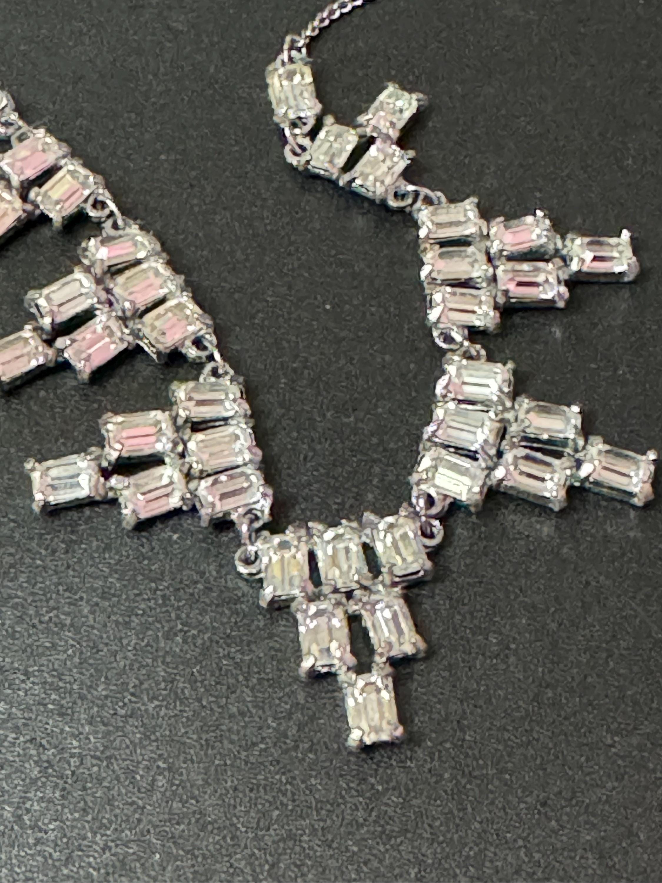 Petite fit 1950s vintage diamante paste baguette diamond choker necklace silver tone chrome