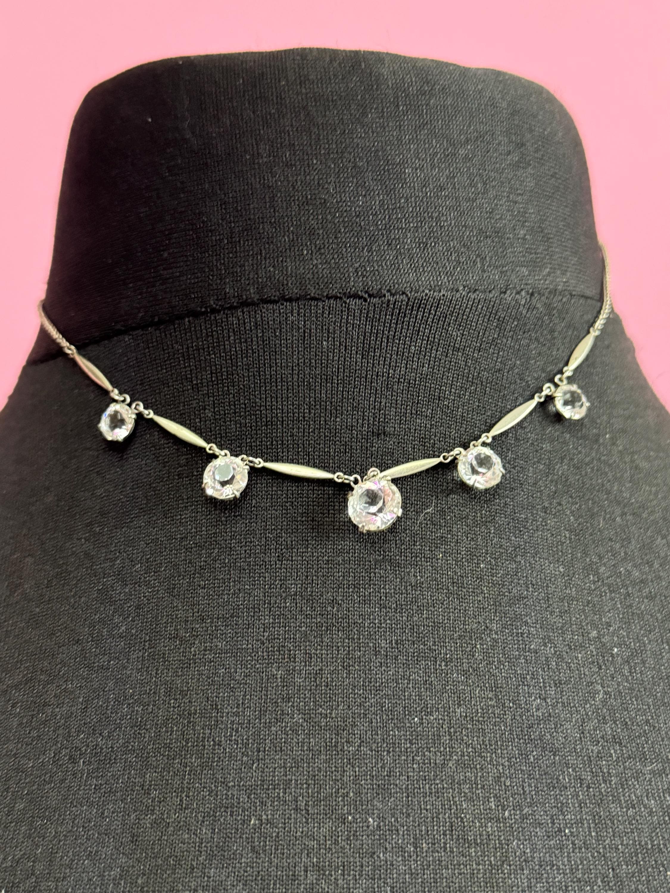 40cm petite fit Art Deco sterling silver open back crystal clear diamanté Paste Rhinestone glass necklace 1920s
