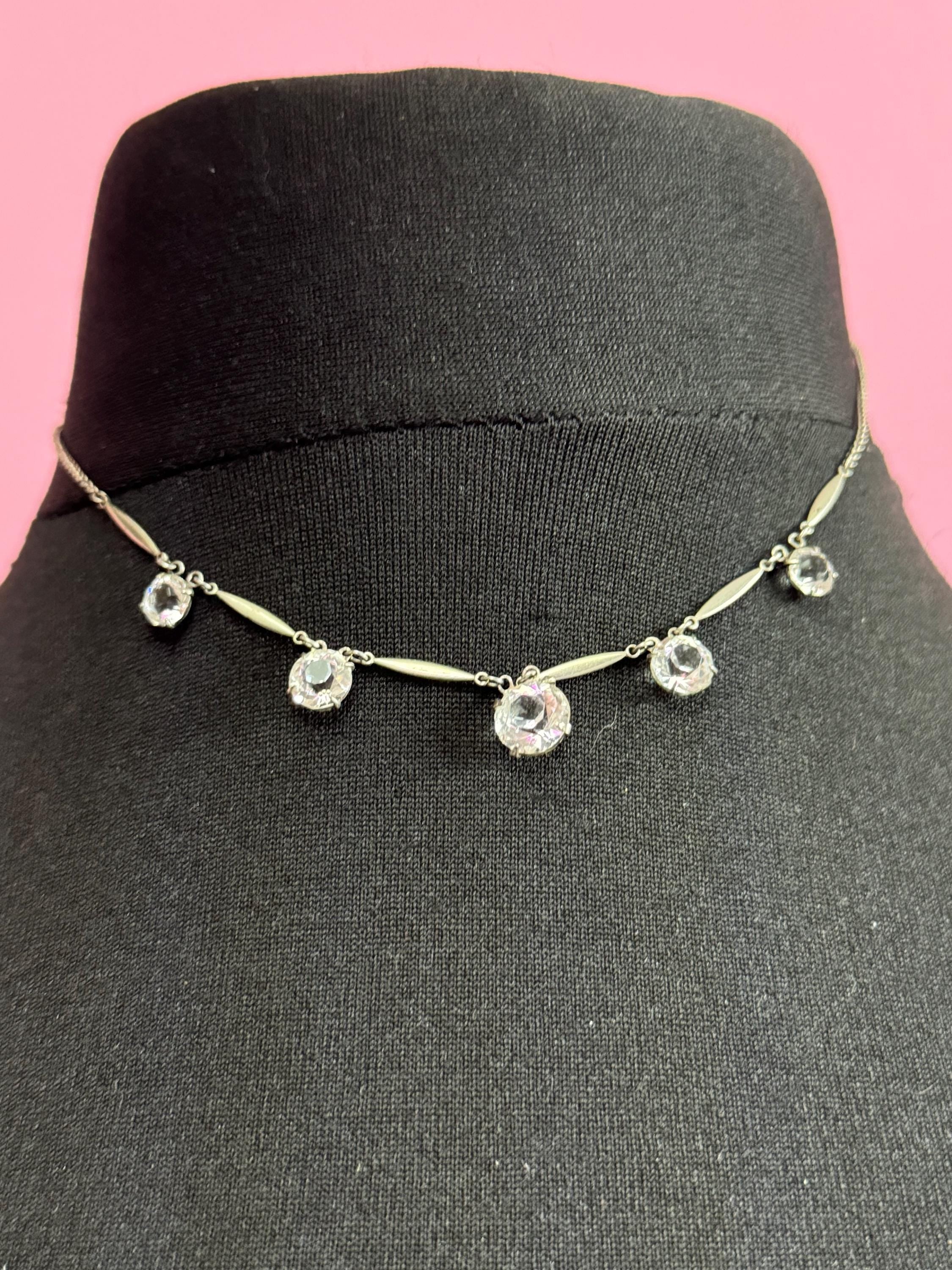 40cm petite fit Art Deco sterling silver open back crystal clear diamanté Paste Rhinestone glass necklace 1920s