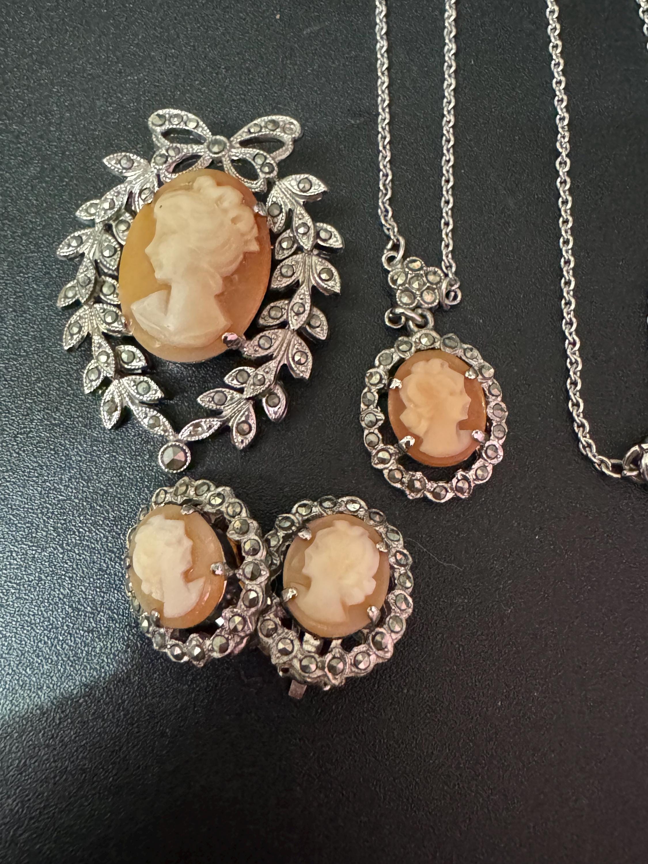 Vintage dainty carved cameo and marcasite pendant necklace, brooch and clip on earrings jewellery set