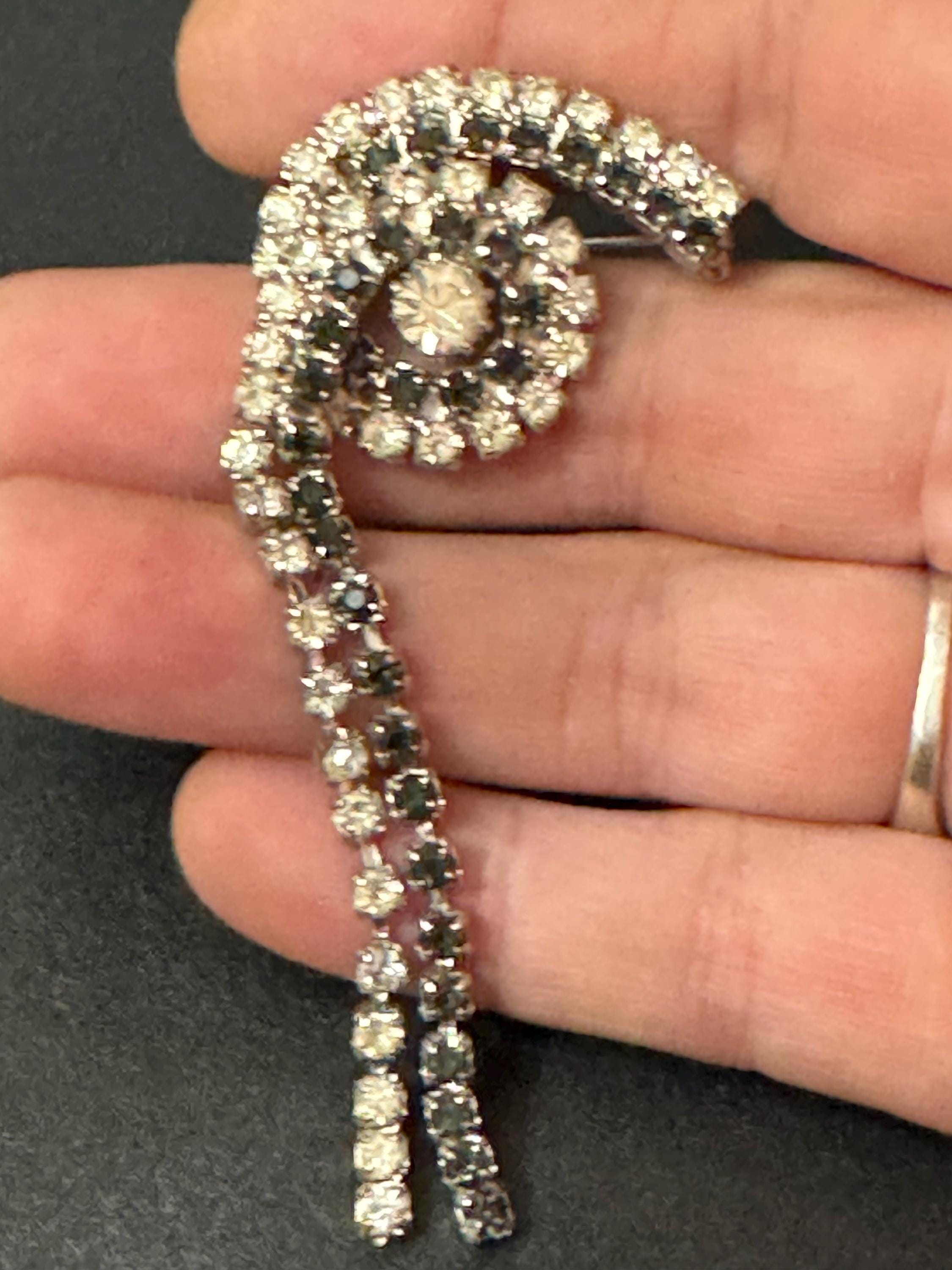 Vintage Monochrome black white clear Rhinestone diamanté paste tassel drop brooch 9cm