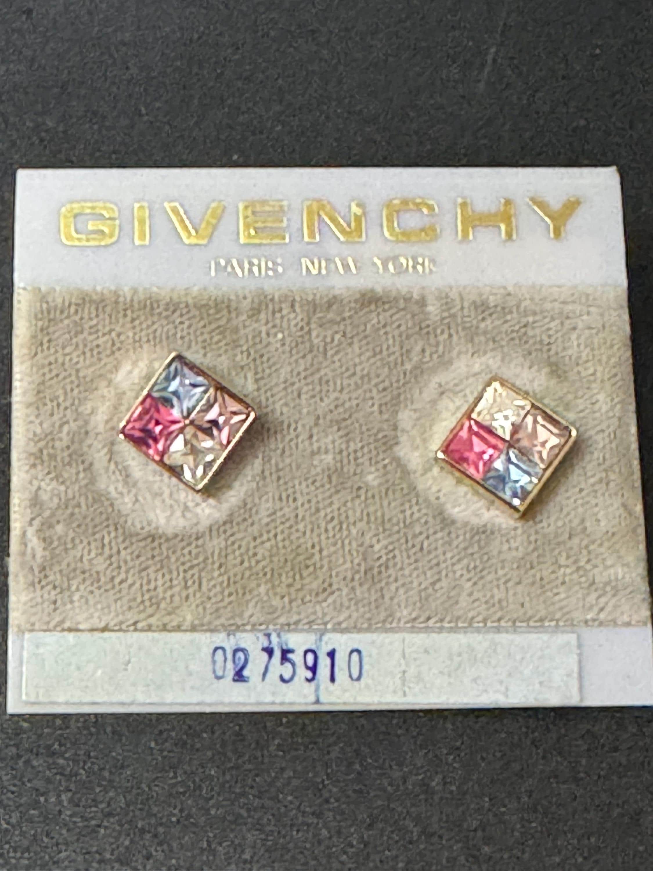 Signed GIVENCHY New York Vintage Gold tone square pink clear blue pastel crystal stud earrings pierced