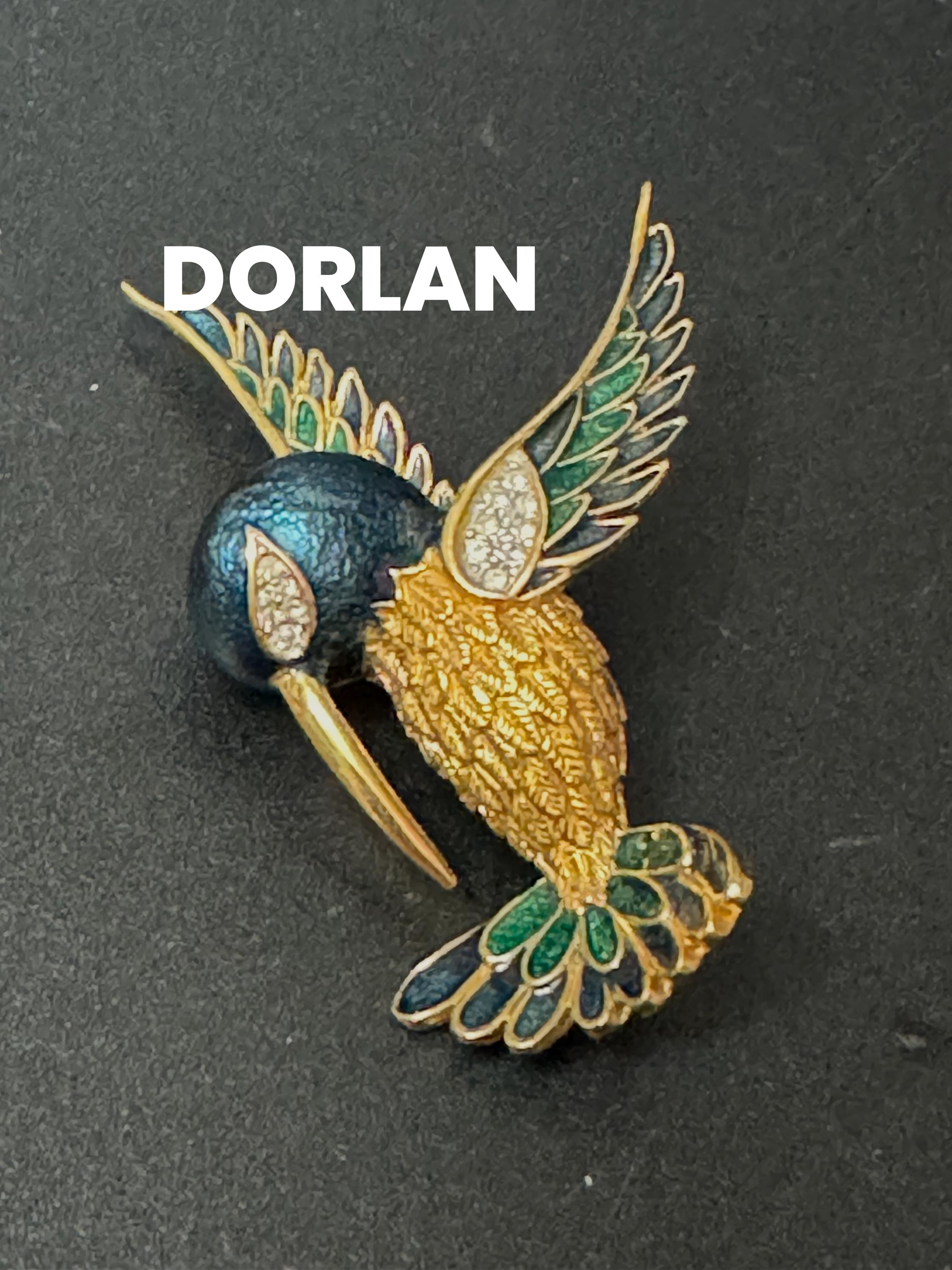 signed D'orlan Vintage green blue enamel gold tone diamanté rhinestone hummingbird brooch