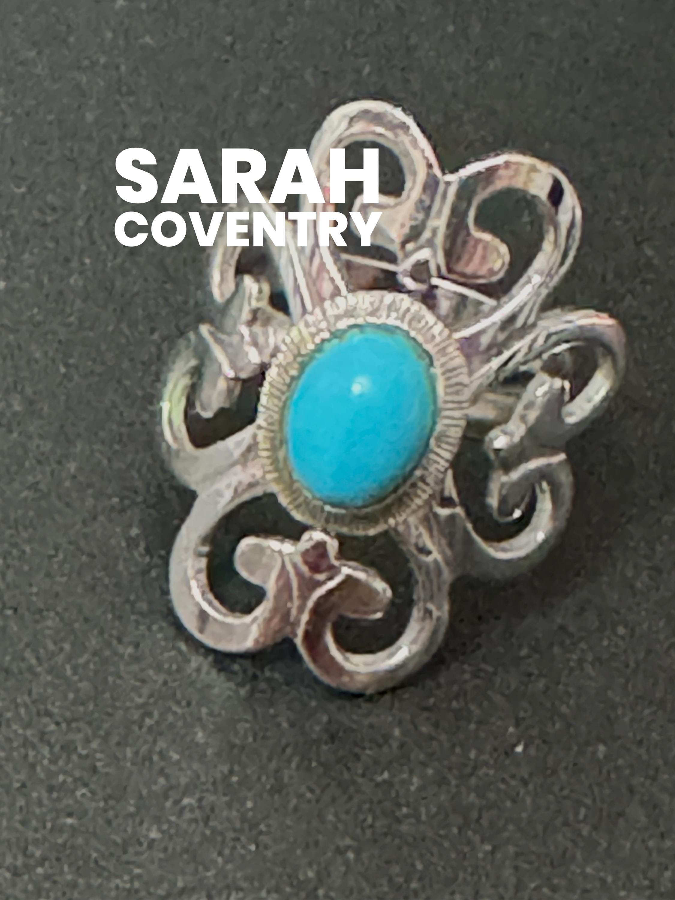 Signed sarah Coventry silver tone 1970s brutalist turquoise blue oval cabochon cocktail ring adjustable M N O