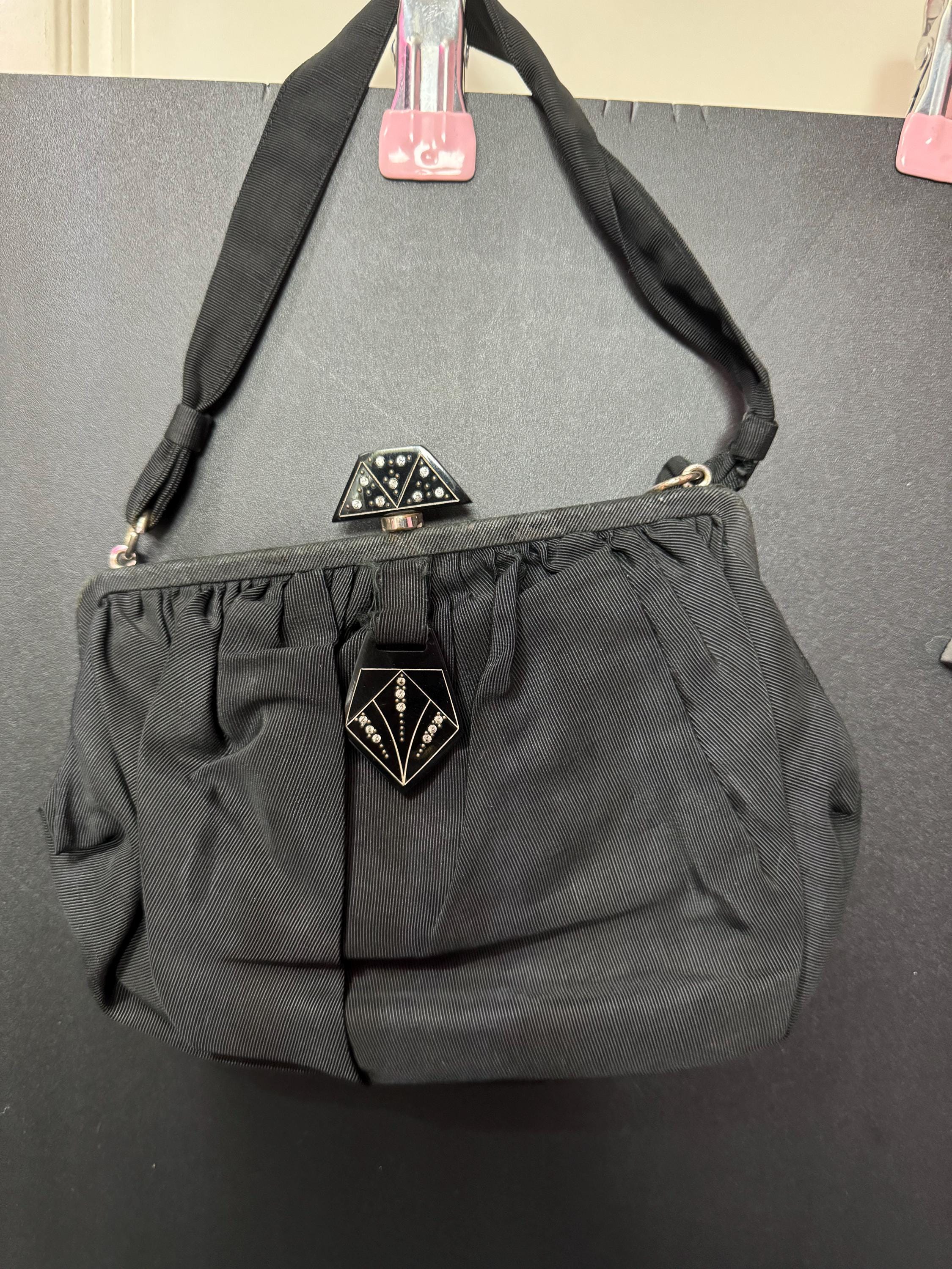 Art Deco Vintage little black evening bag purse with clear diamanté paste and bakelite clasp