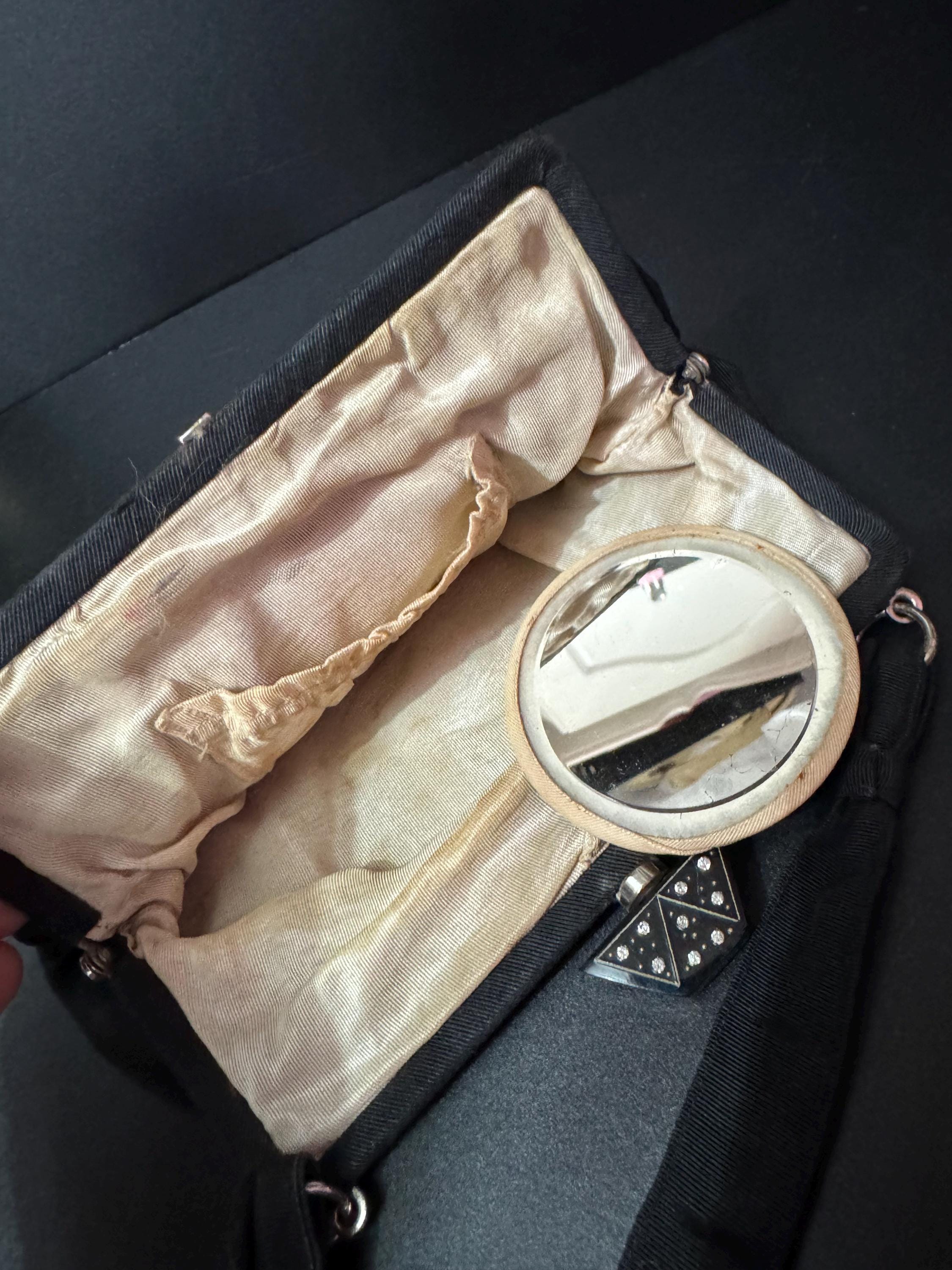 Art Deco Vintage little black evening bag purse with clear diamanté paste and bakelite clasp