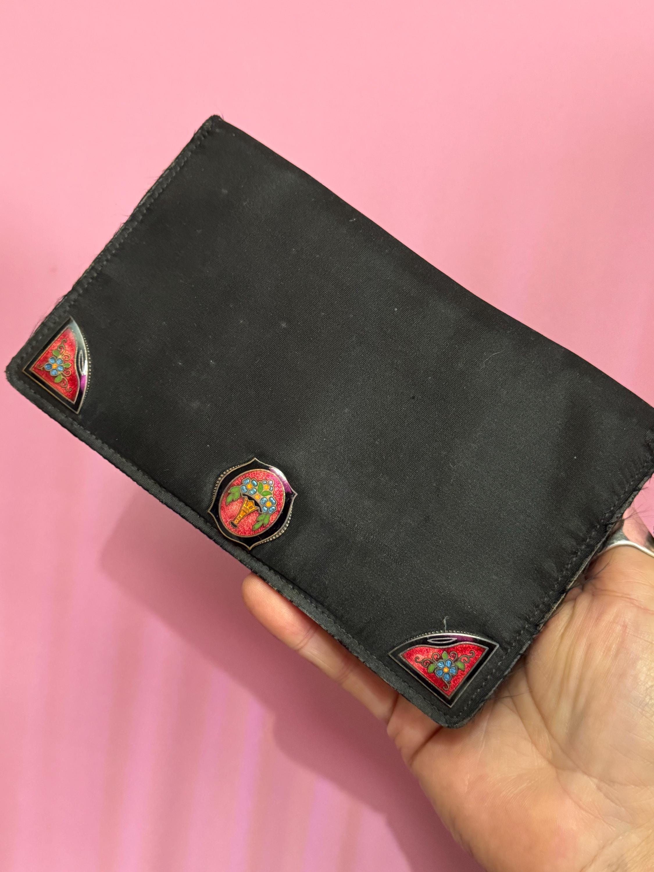 Art Deco painted silk Vintage little black evening clutch bag purse with mirror and guilloche enamel panels