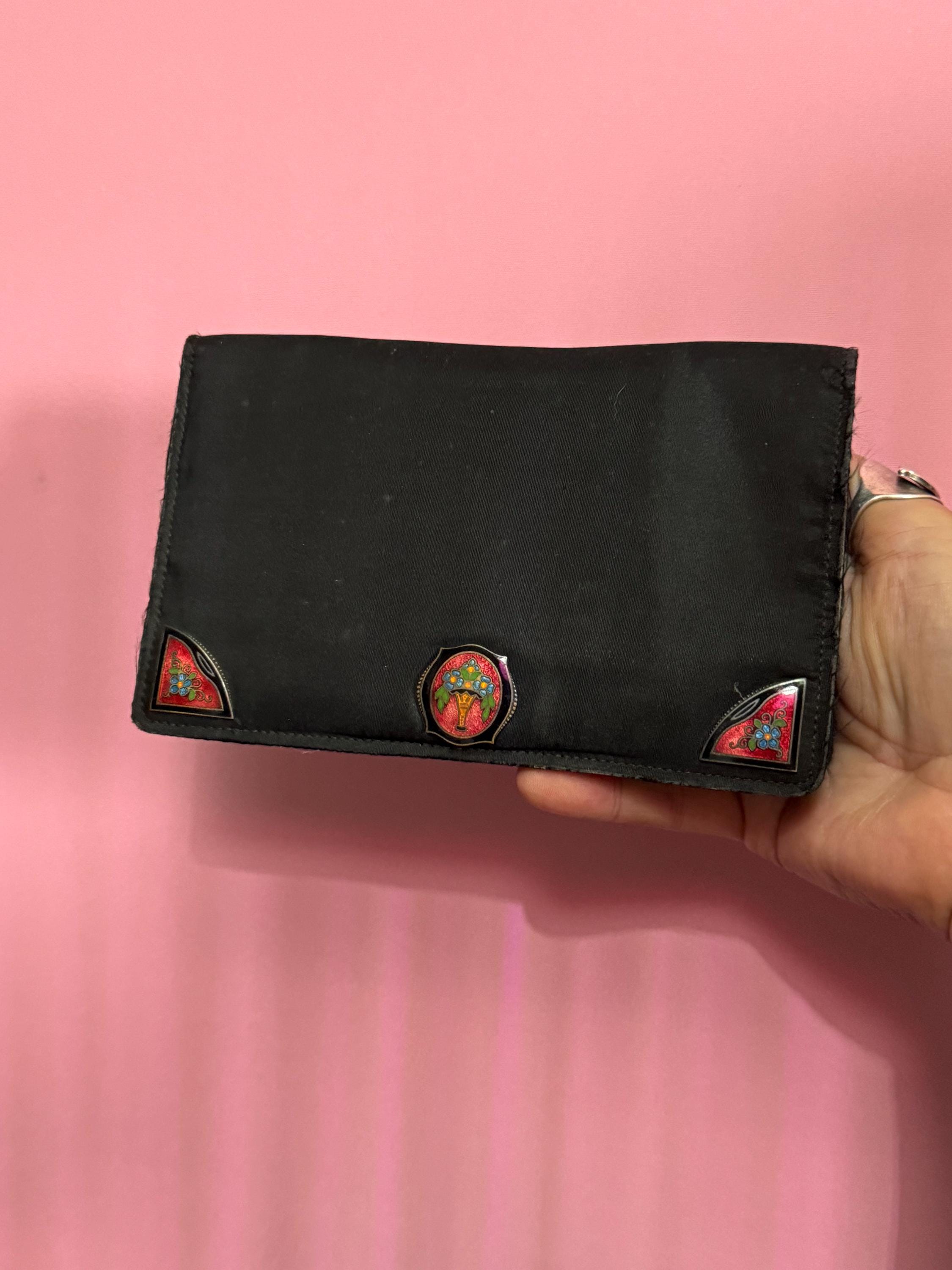 Art Deco painted silk Vintage little black evening clutch bag purse with mirror and guilloche enamel panels