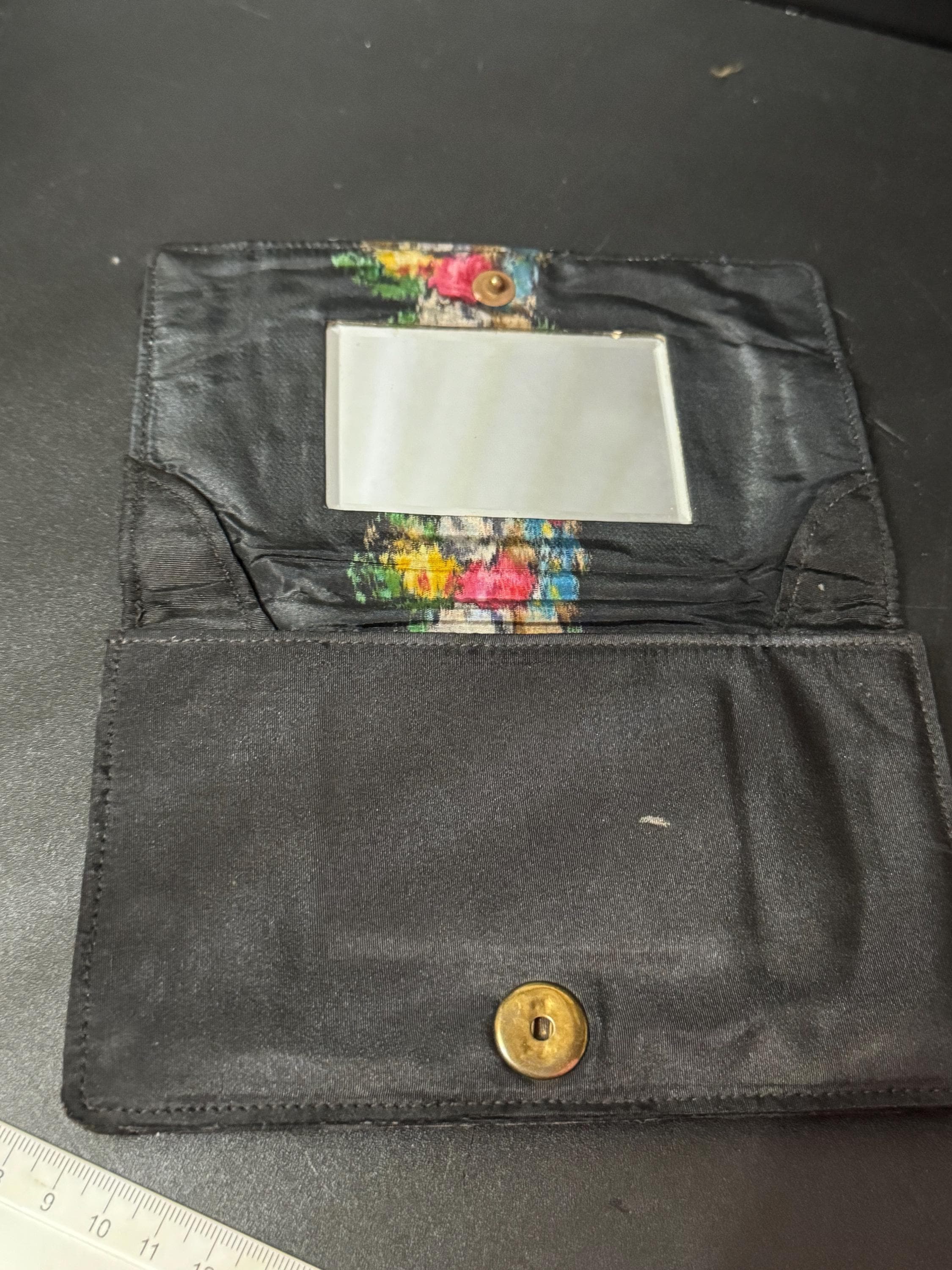 Art Deco painted silk Vintage little black evening clutch bag purse with mirror and guilloche enamel panels