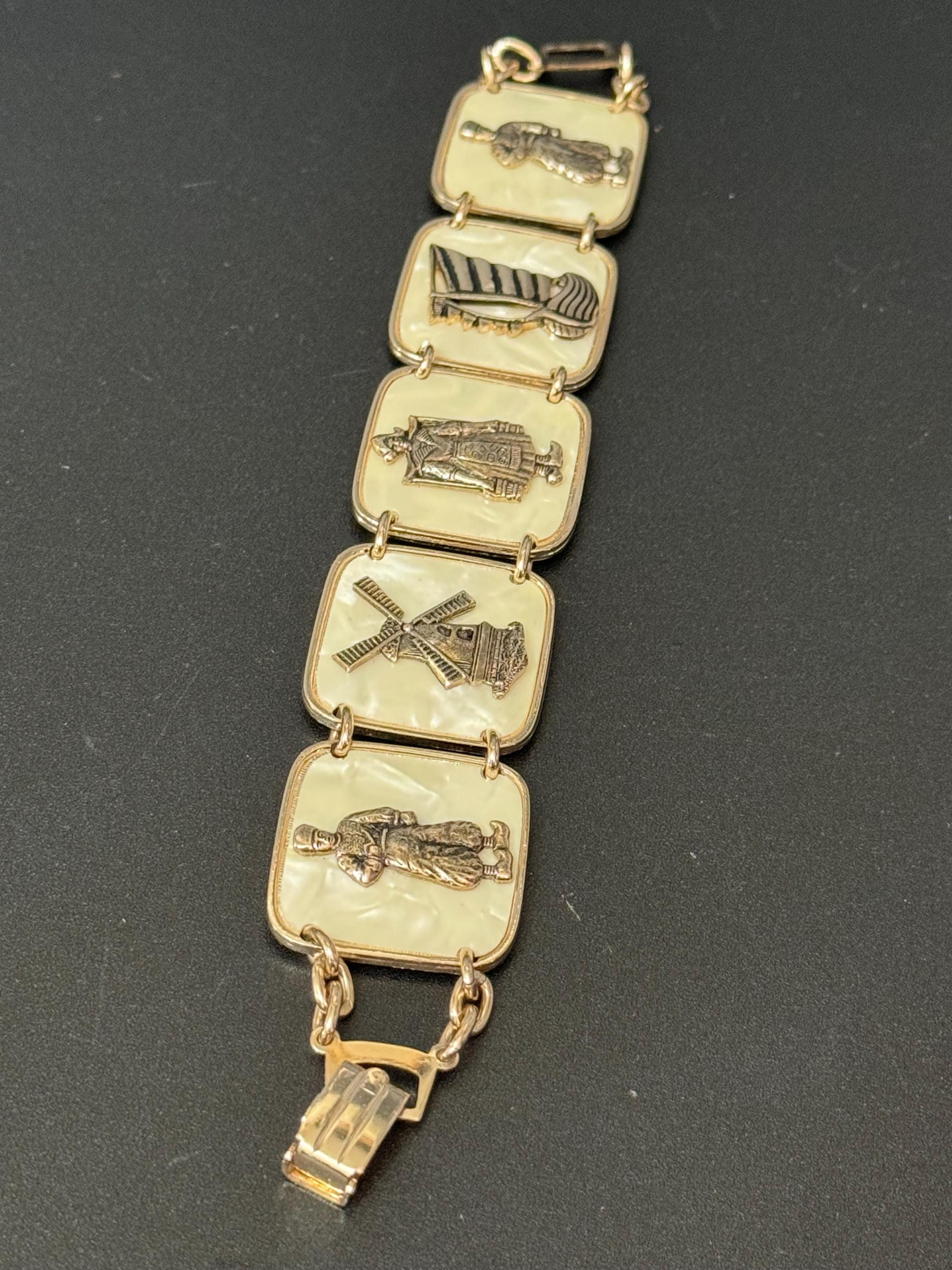 Dutch Vintage early plastic gold celluloid faux cream Pearl panel link kitsch bracelet with windmill Holland dancing 1940s 1950s