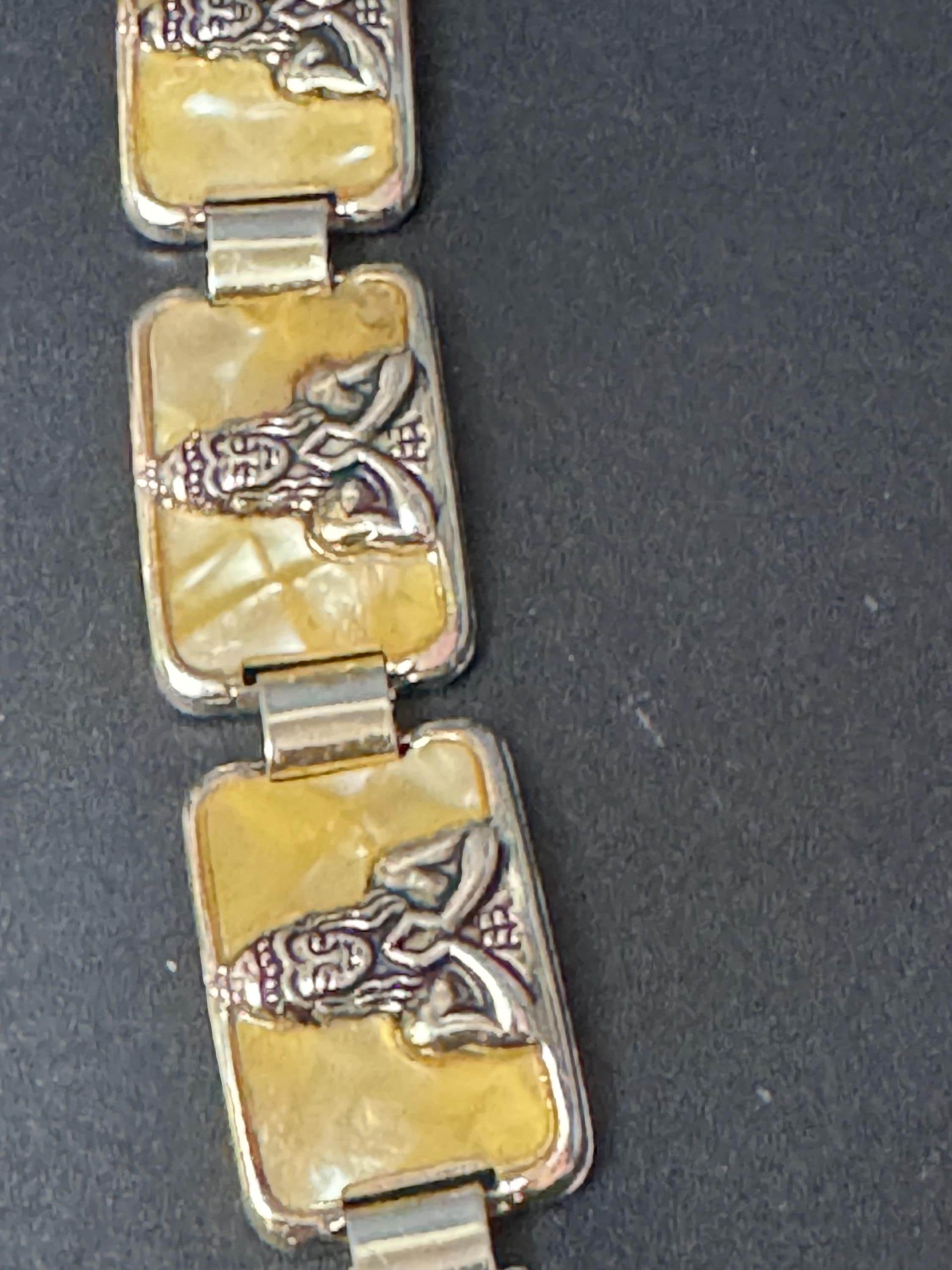 Egyptian revival Vintage Silver Tone cream celluloid Souvenir tourist panel link bracelet lightweight aluminium