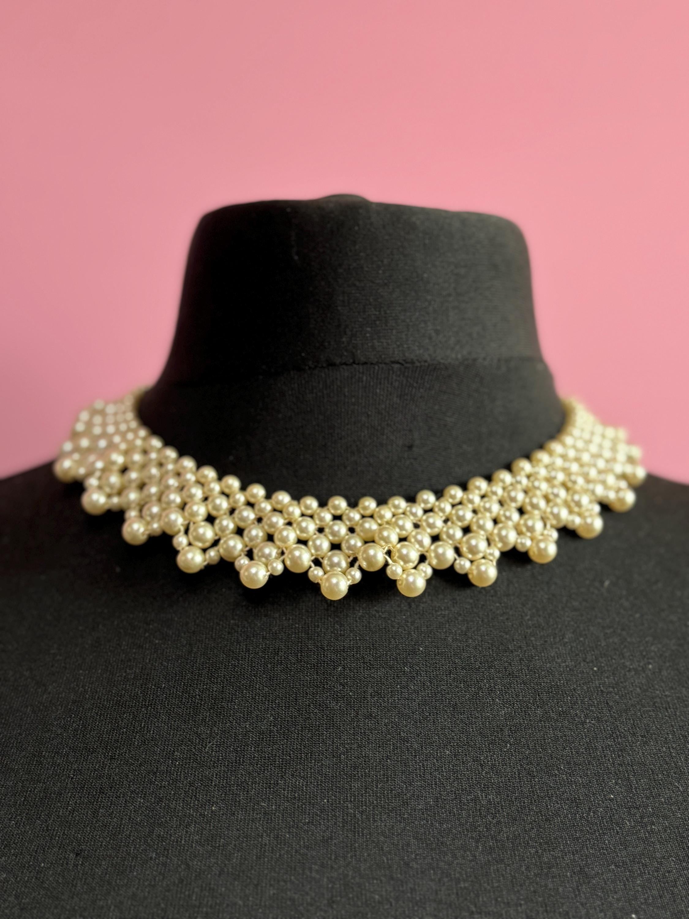 Vintage faux cream Plastic round pearl woven multi strand choker collar necklace 45cm