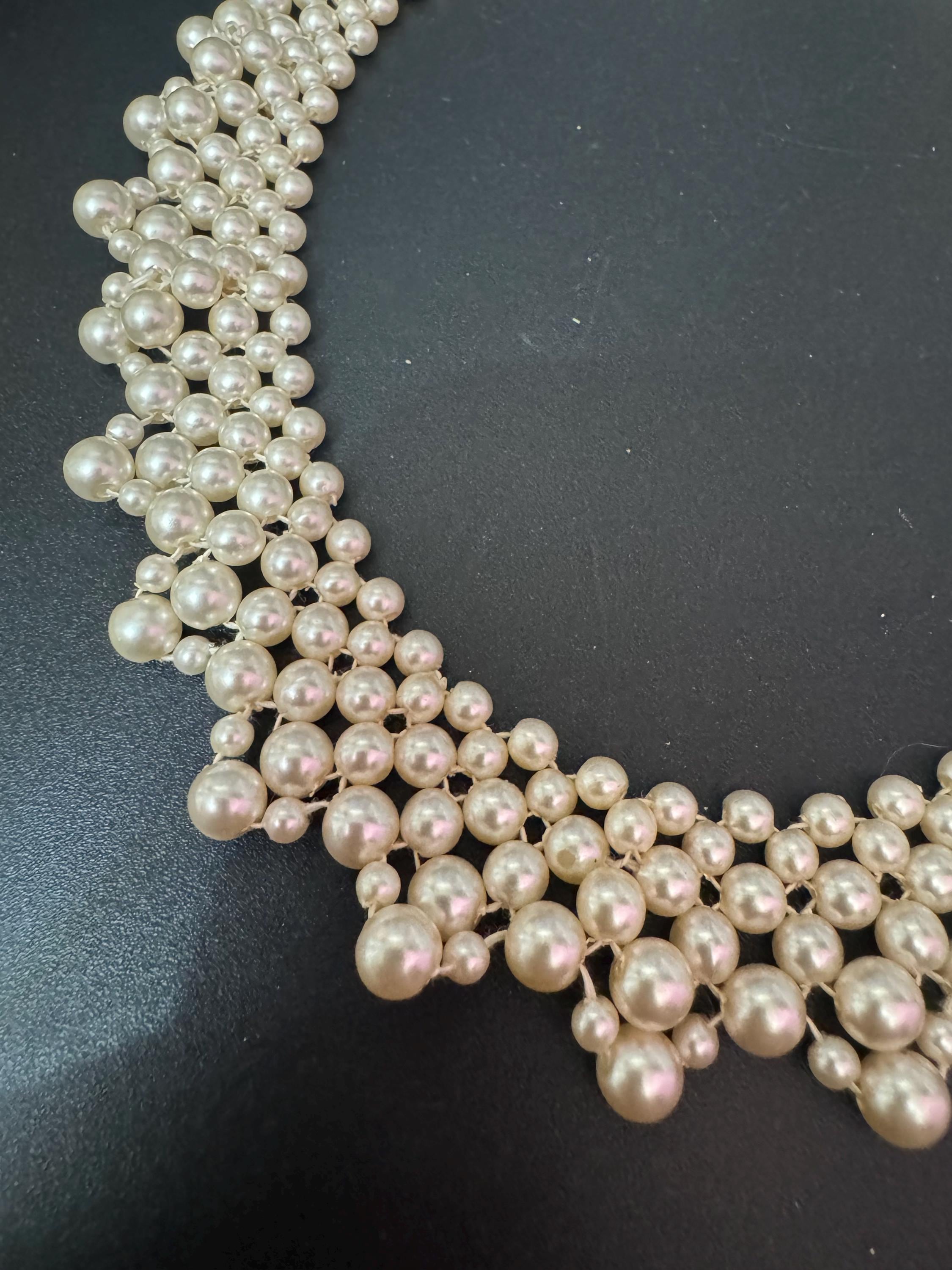 Vintage faux cream Plastic round pearl woven multi strand choker collar necklace 45cm