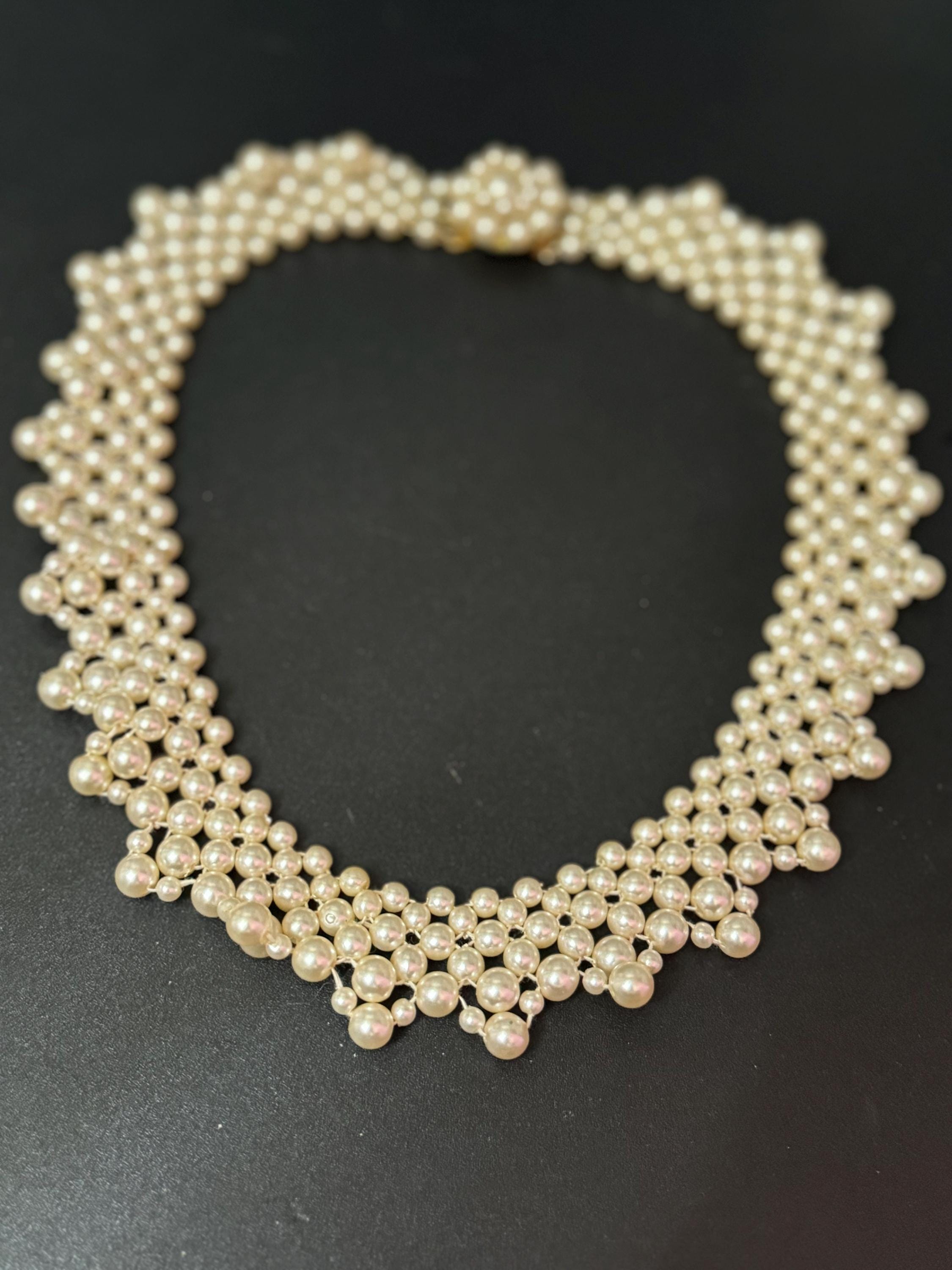 Vintage faux cream Plastic round pearl woven multi strand choker collar necklace 45cm