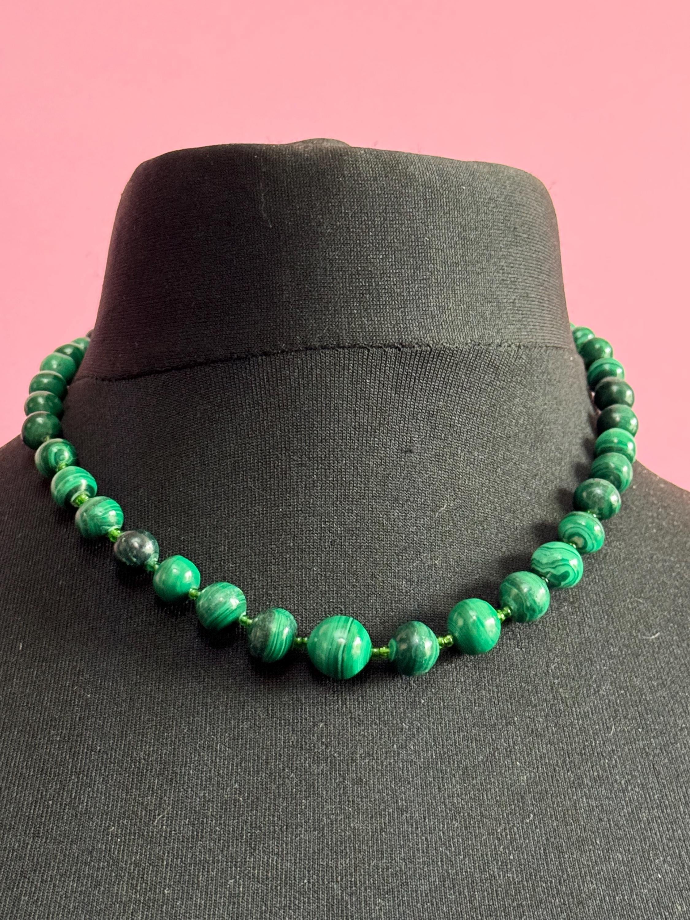 Vintage Malachite Beaded Necklace natural gemstone beads 47cm