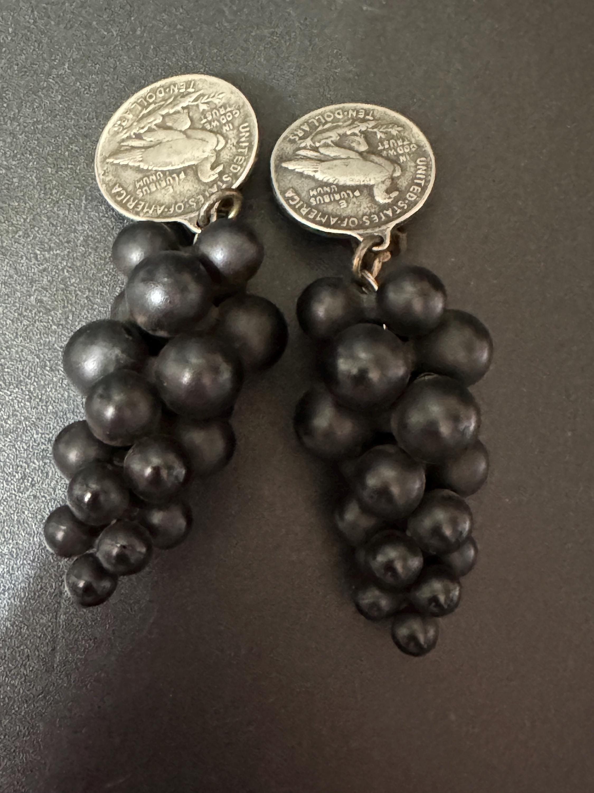 Vintage replica 1907 10 dollar coin black grape cluster oversized clip on earrings