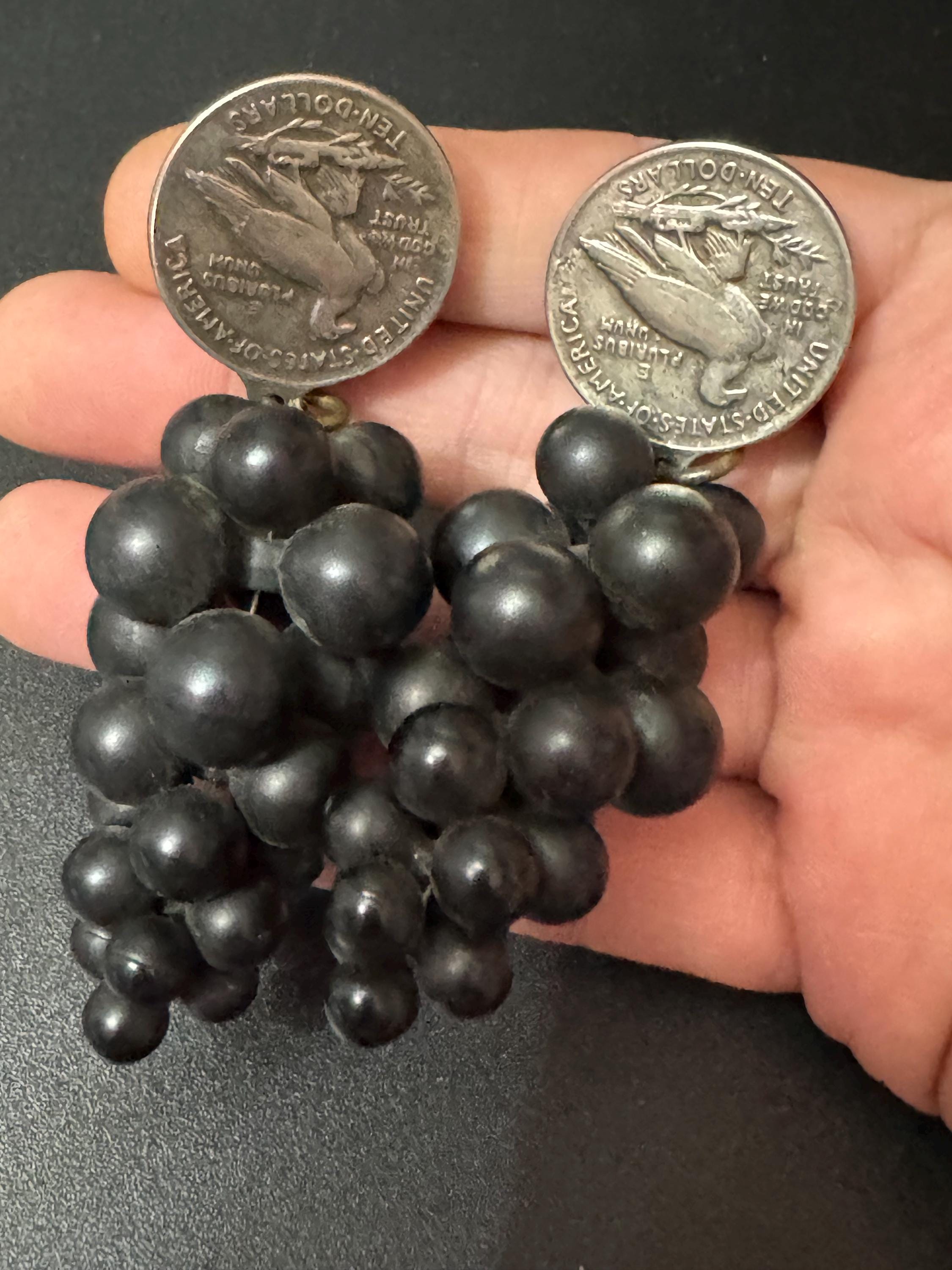 Vintage replica 1907 10 dollar coin black grape cluster oversized clip on earrings