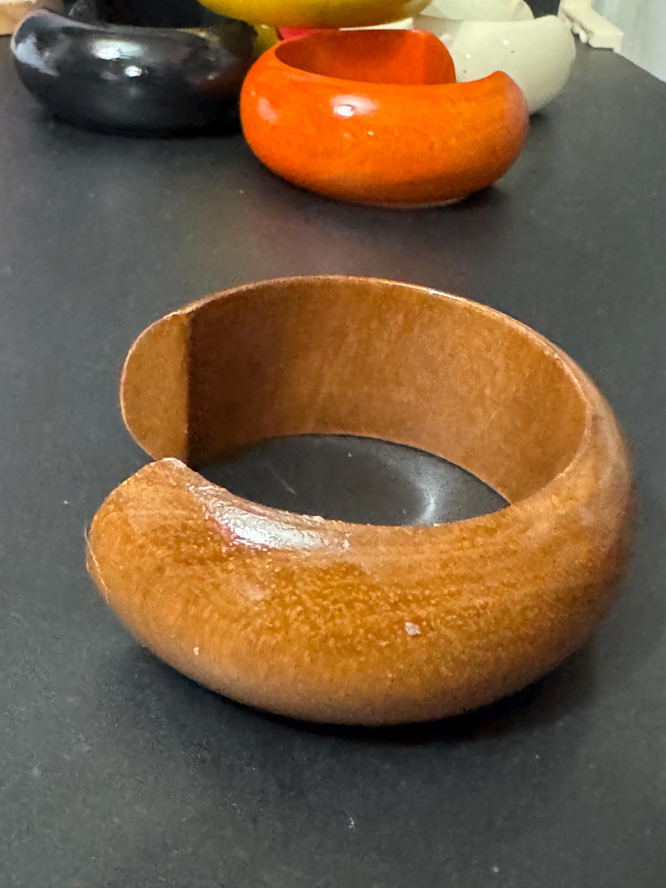 Retro 2.5cm wide coloured wooden bangles,  open cuff bracelets, create a bangle stack
