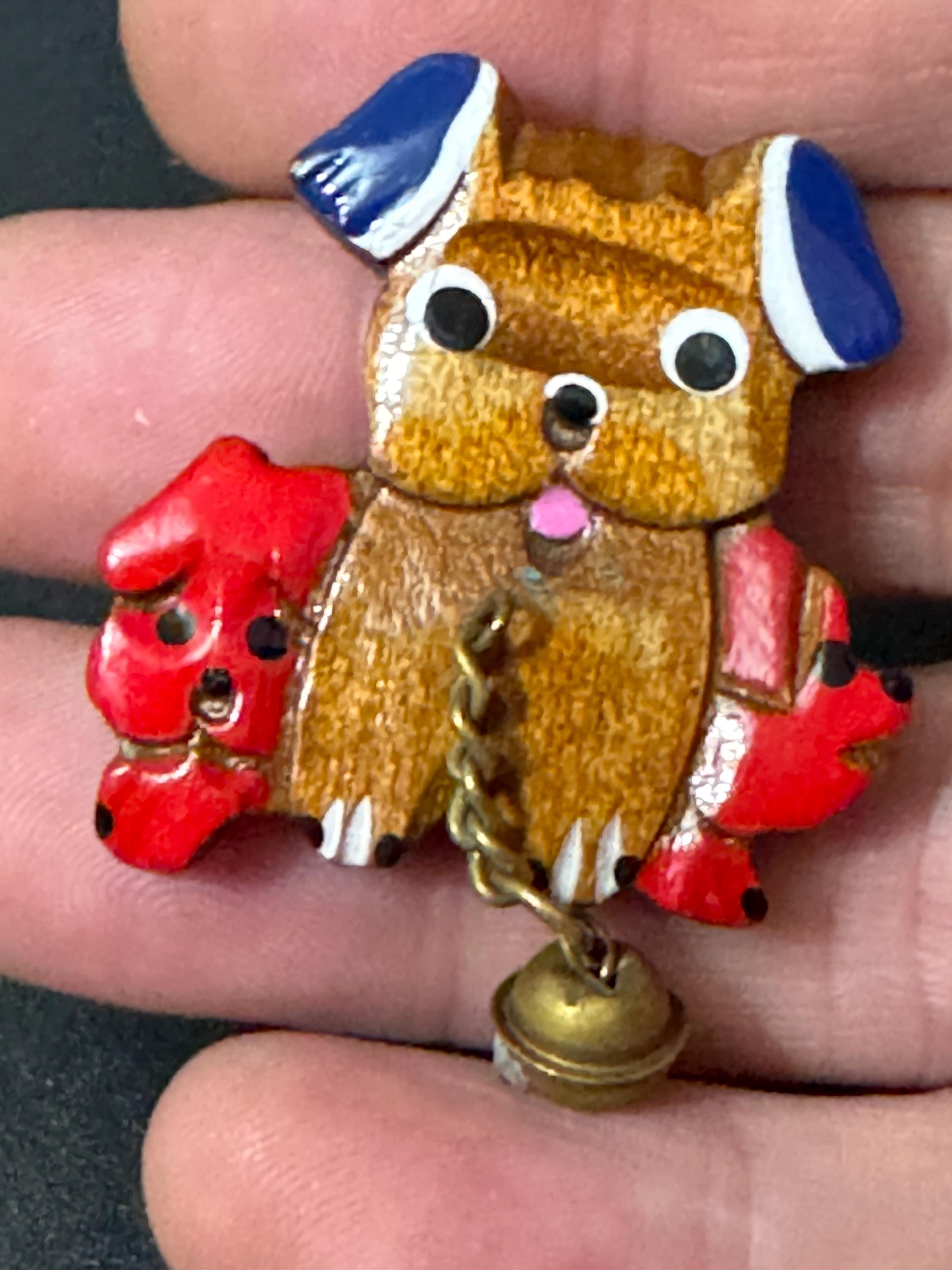 Early wooden brown novelty dog brooch, stamped foreign with brass bells mid century