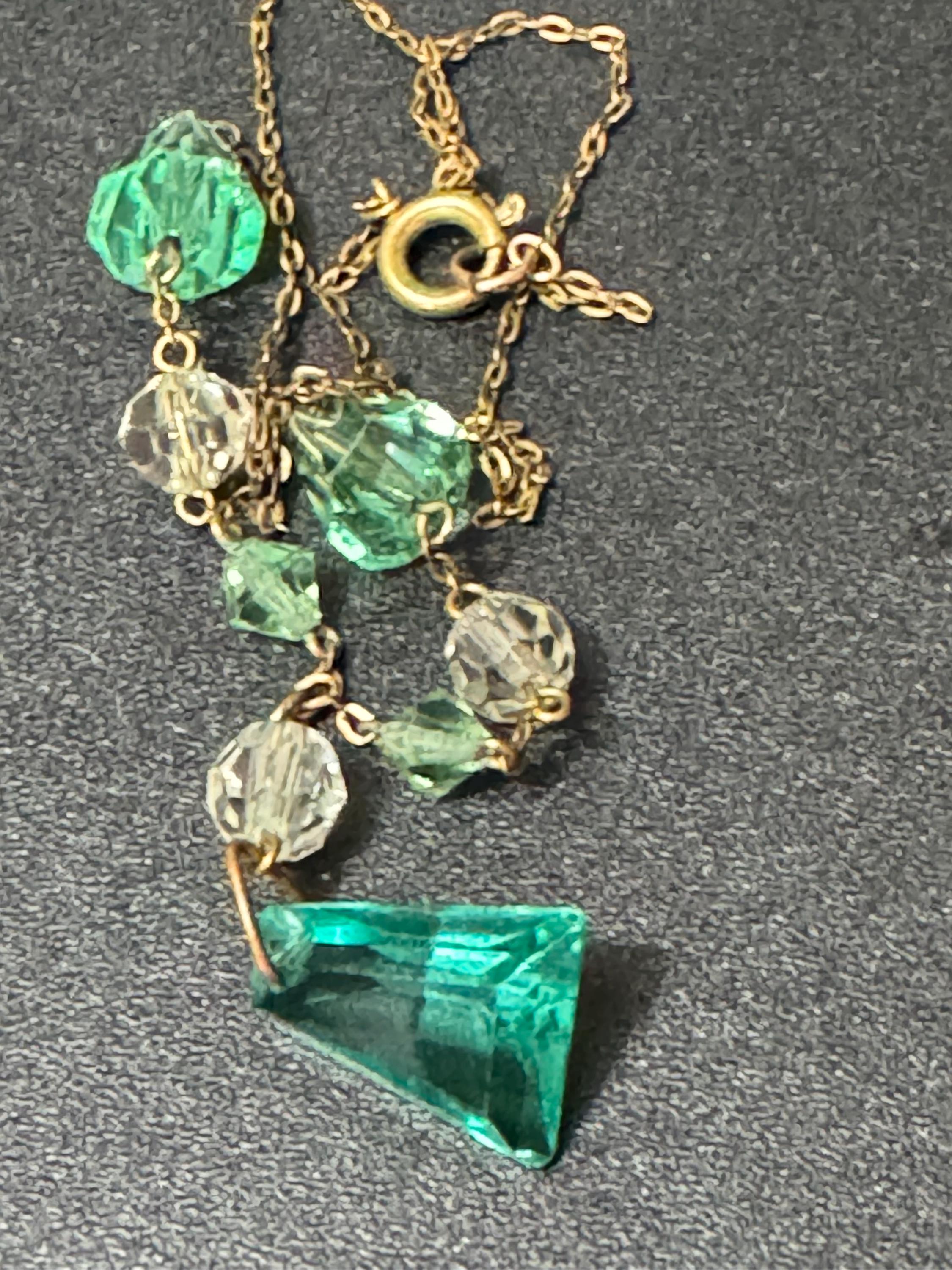 Art Deco Czech Open Back clear crystal and emerald green glass rhinestone dropper Necklace 1930s