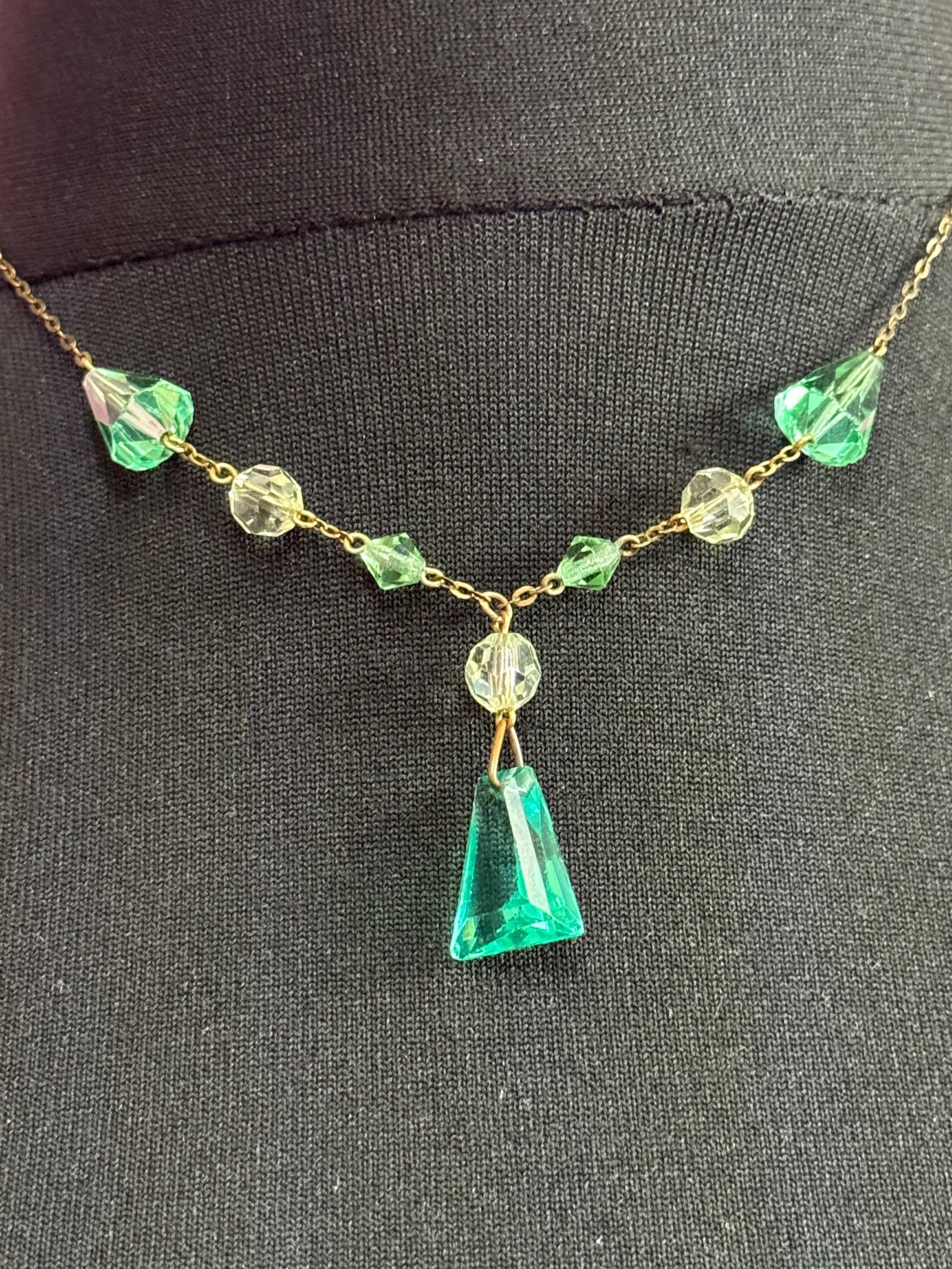 Art Deco Czech Open Back clear crystal and emerald green glass rhinestone dropper Necklace 1930s