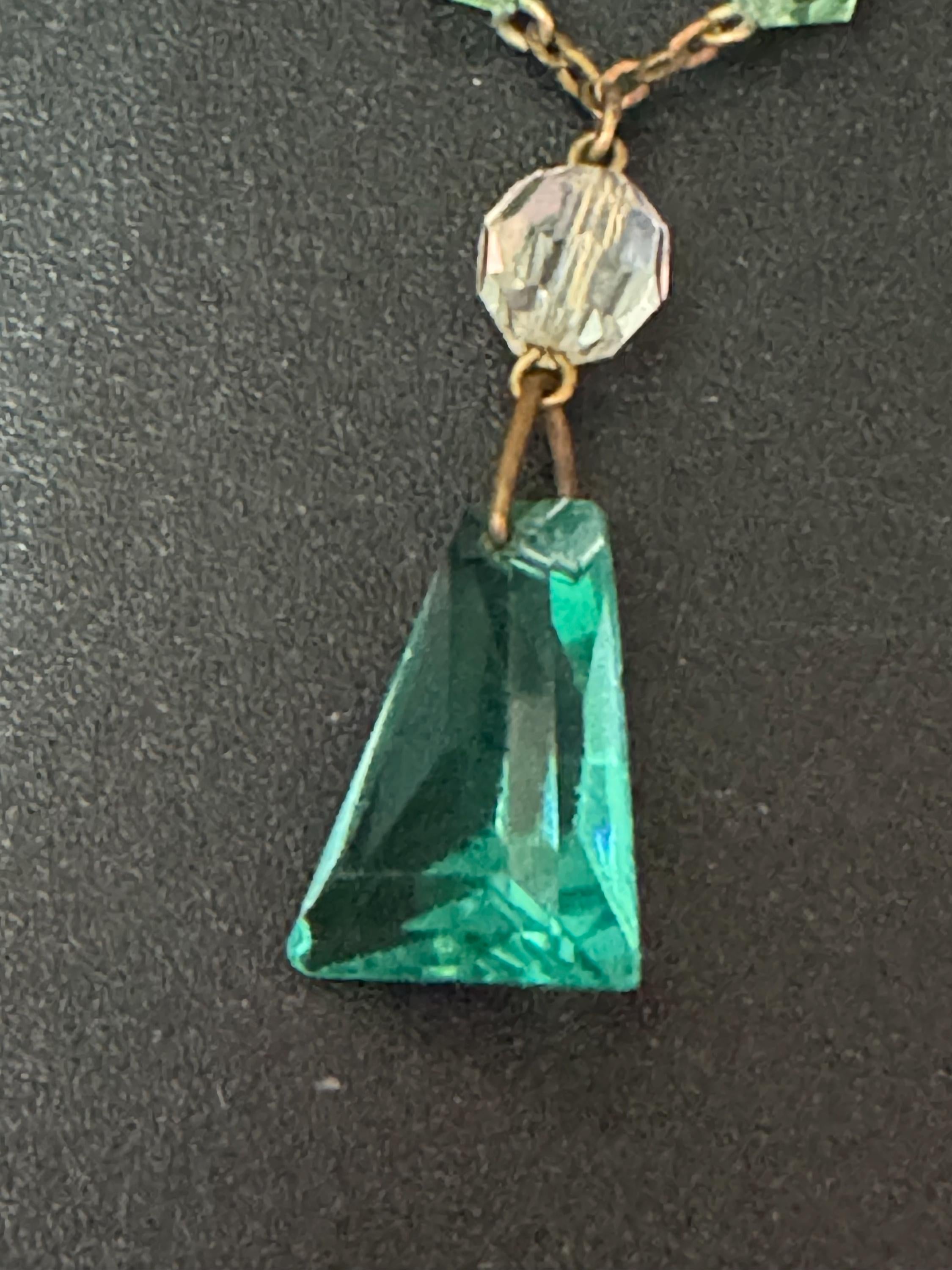 Art Deco Czech Open Back clear crystal and emerald green glass rhinestone dropper Necklace 1930s