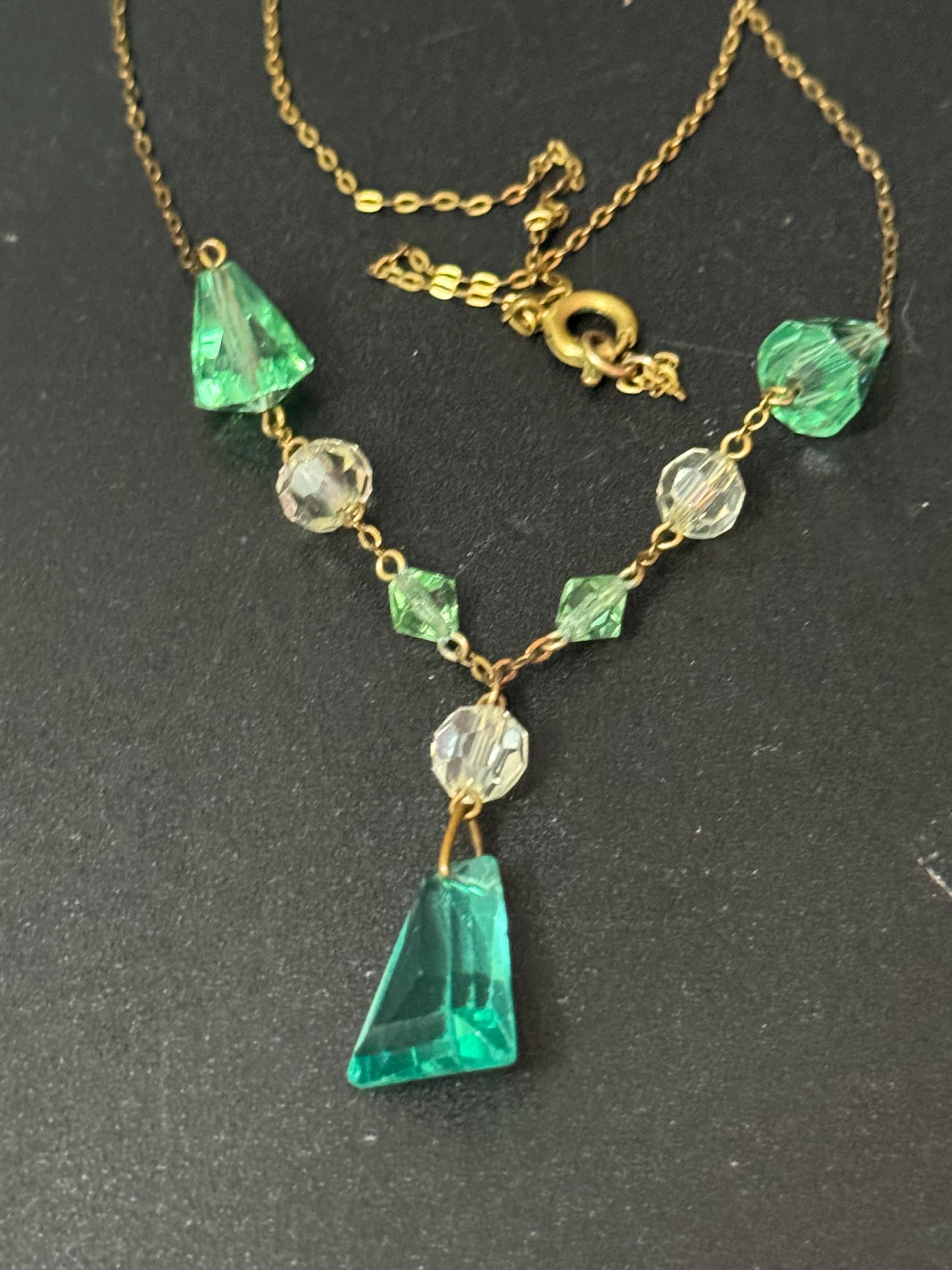 Art Deco Czech Open Back clear crystal and emerald green glass rhinestone dropper Necklace 1930s