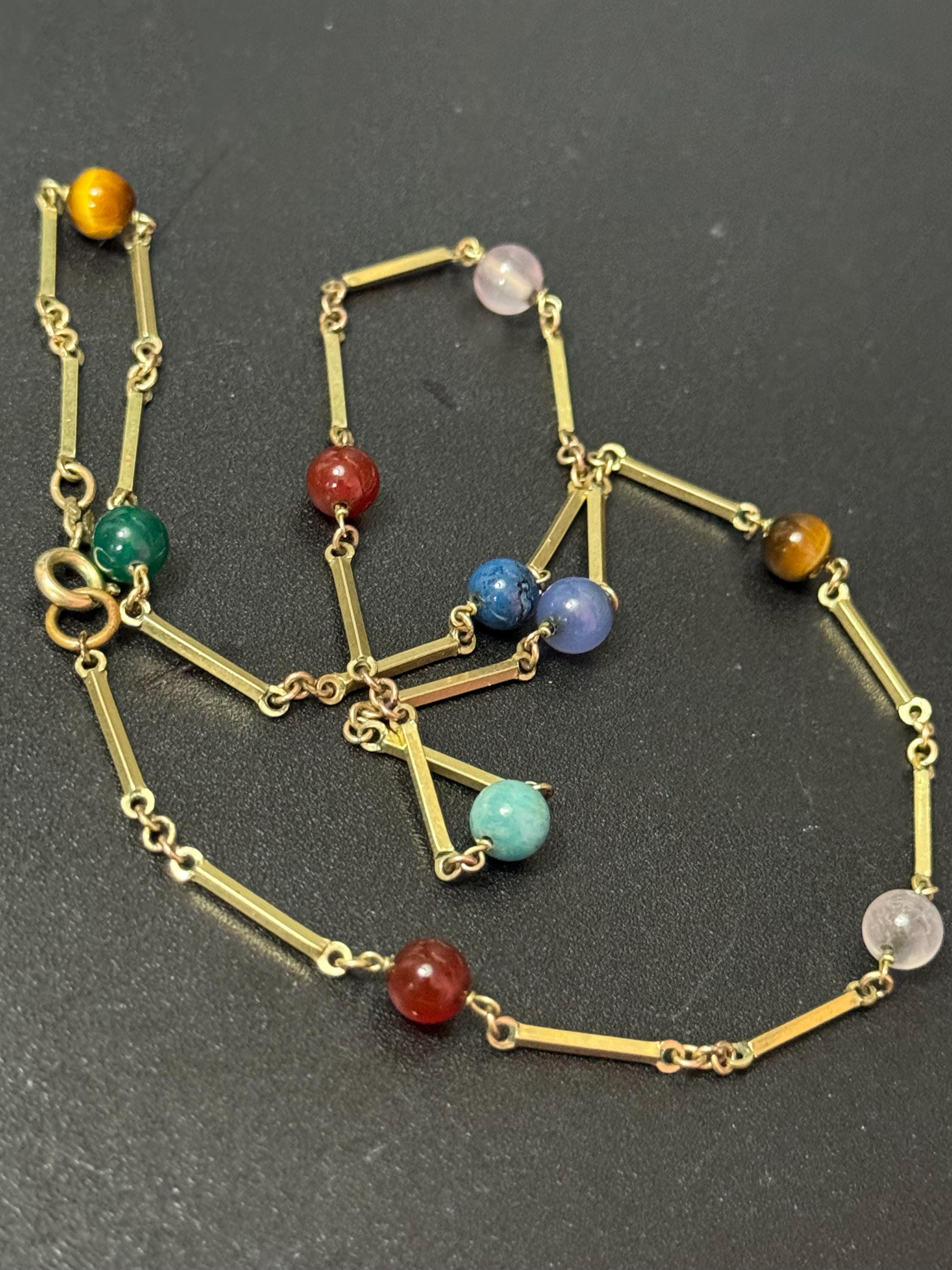 Vintage 50cm rolled gold tone bar link chain necklace with gemstone beads stamped AmD AH