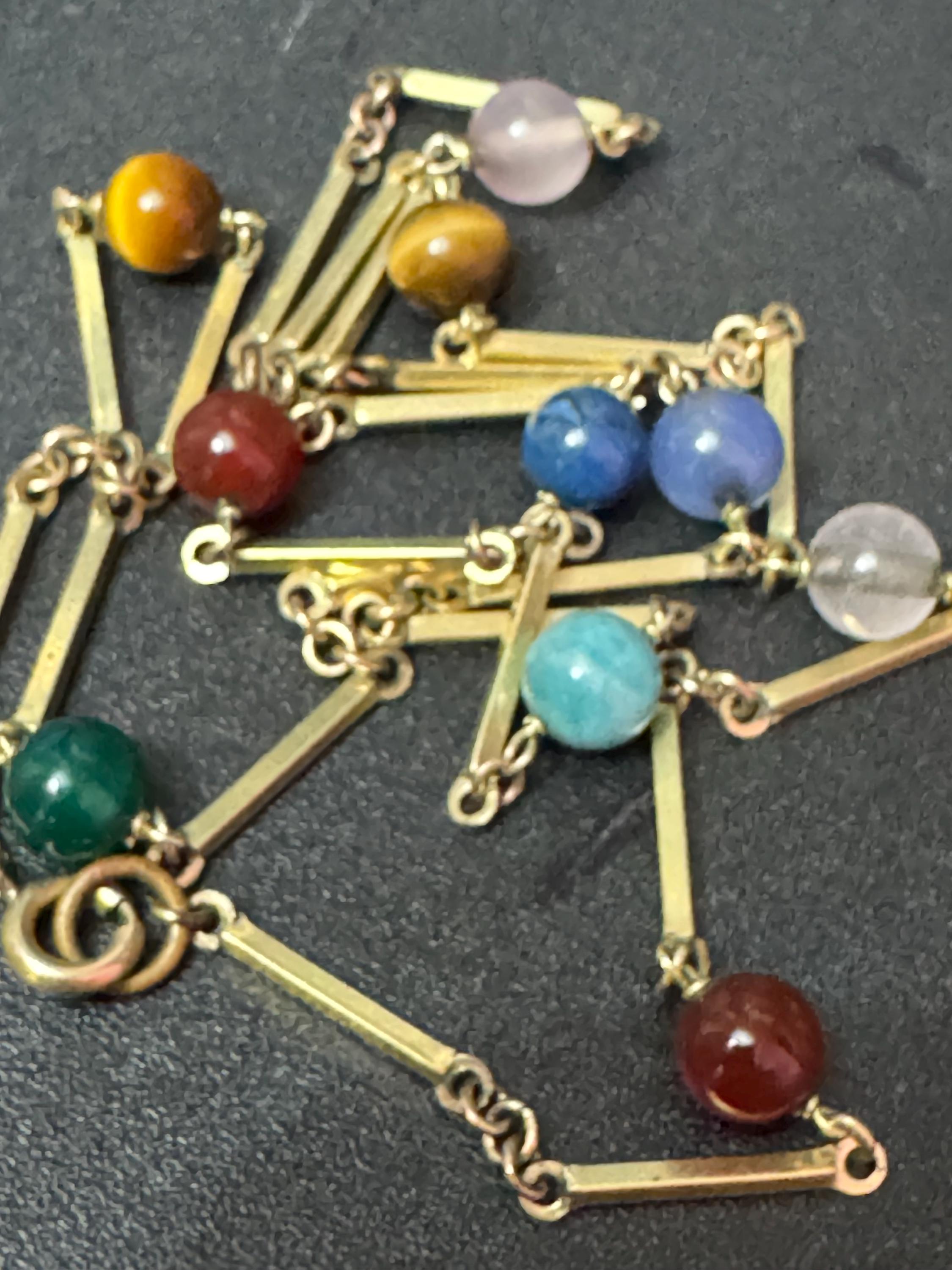 Vintage 50cm rolled gold tone bar link chain necklace with gemstone beads stamped AmD AH