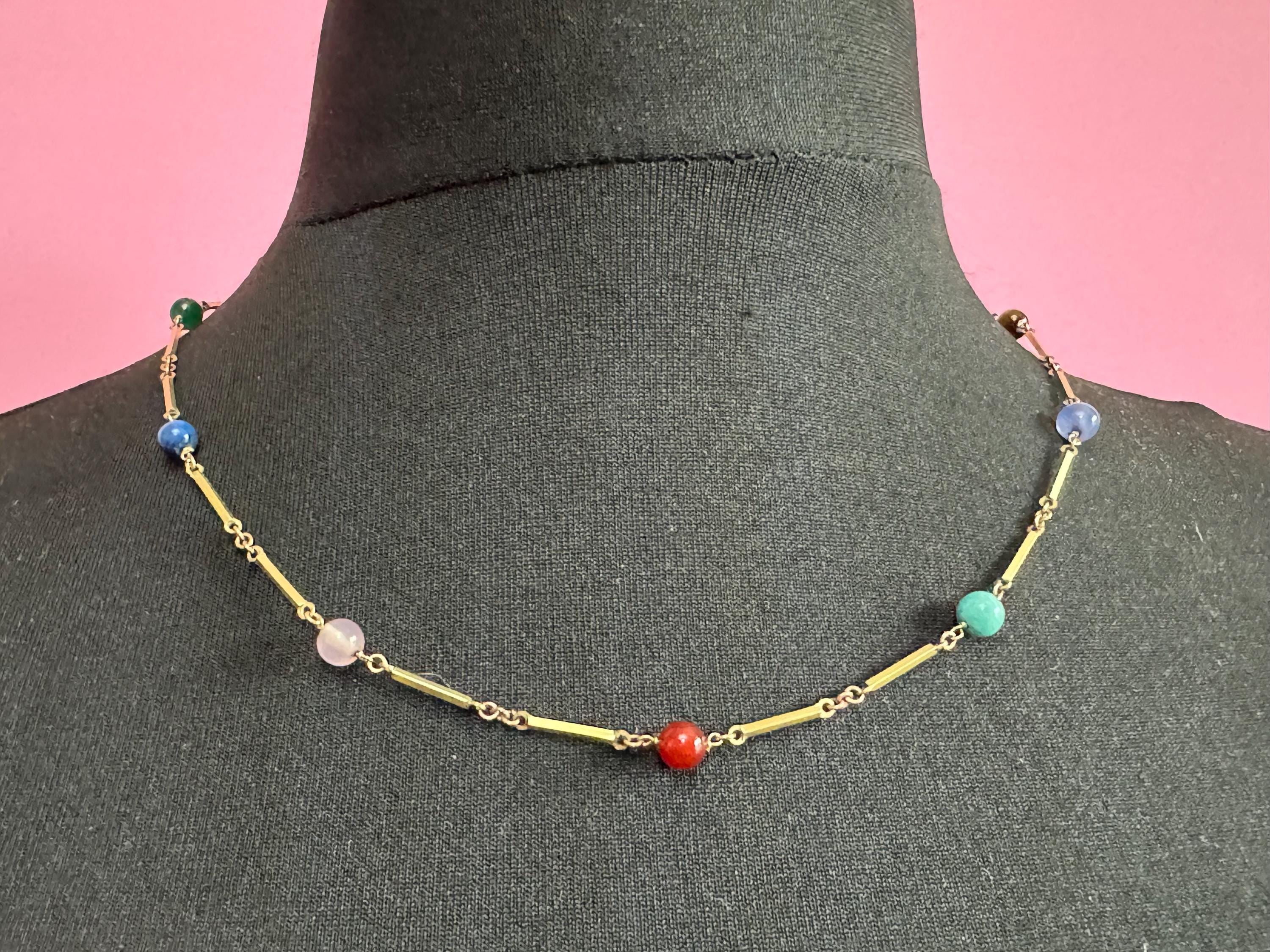 Vintage 50cm rolled gold tone bar link chain necklace with gemstone beads stamped AmD AH