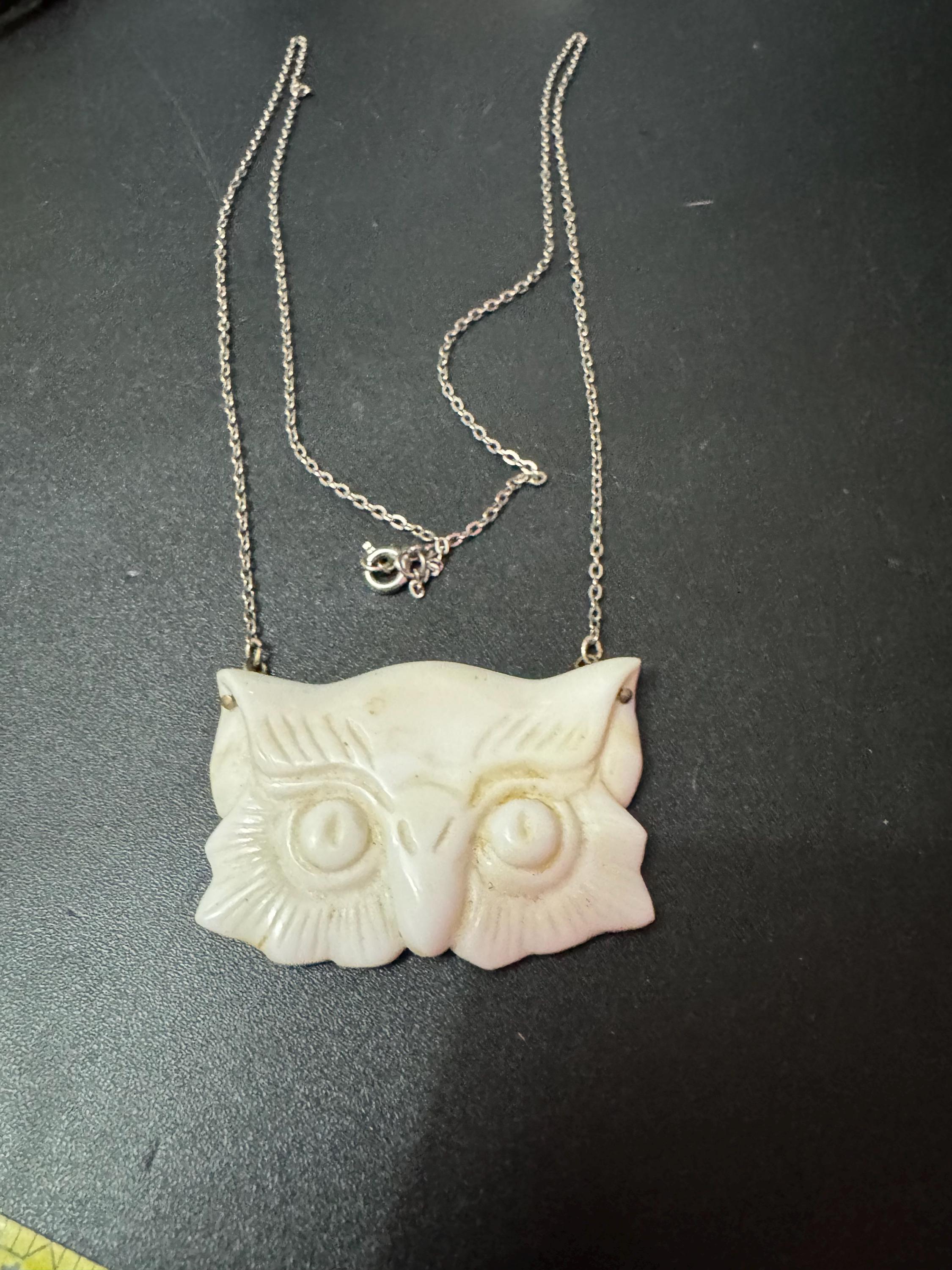Unusual artisan white pressed glass owl pendant necklace 68cm