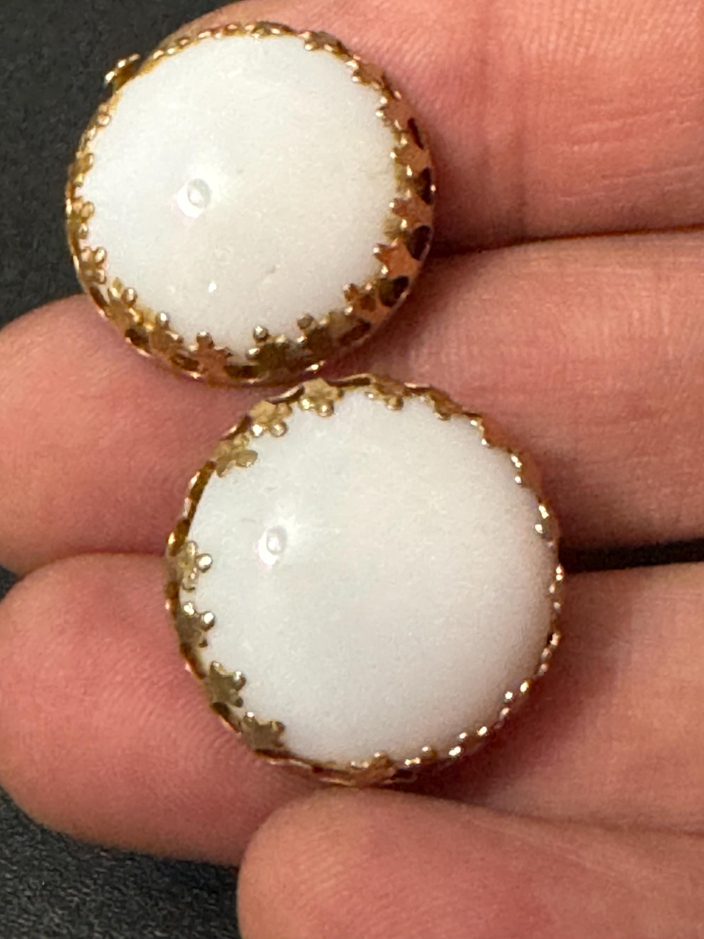 Vintage 1950s 1960s milk glass white beaded button Clip On Earrings, domed gold tone