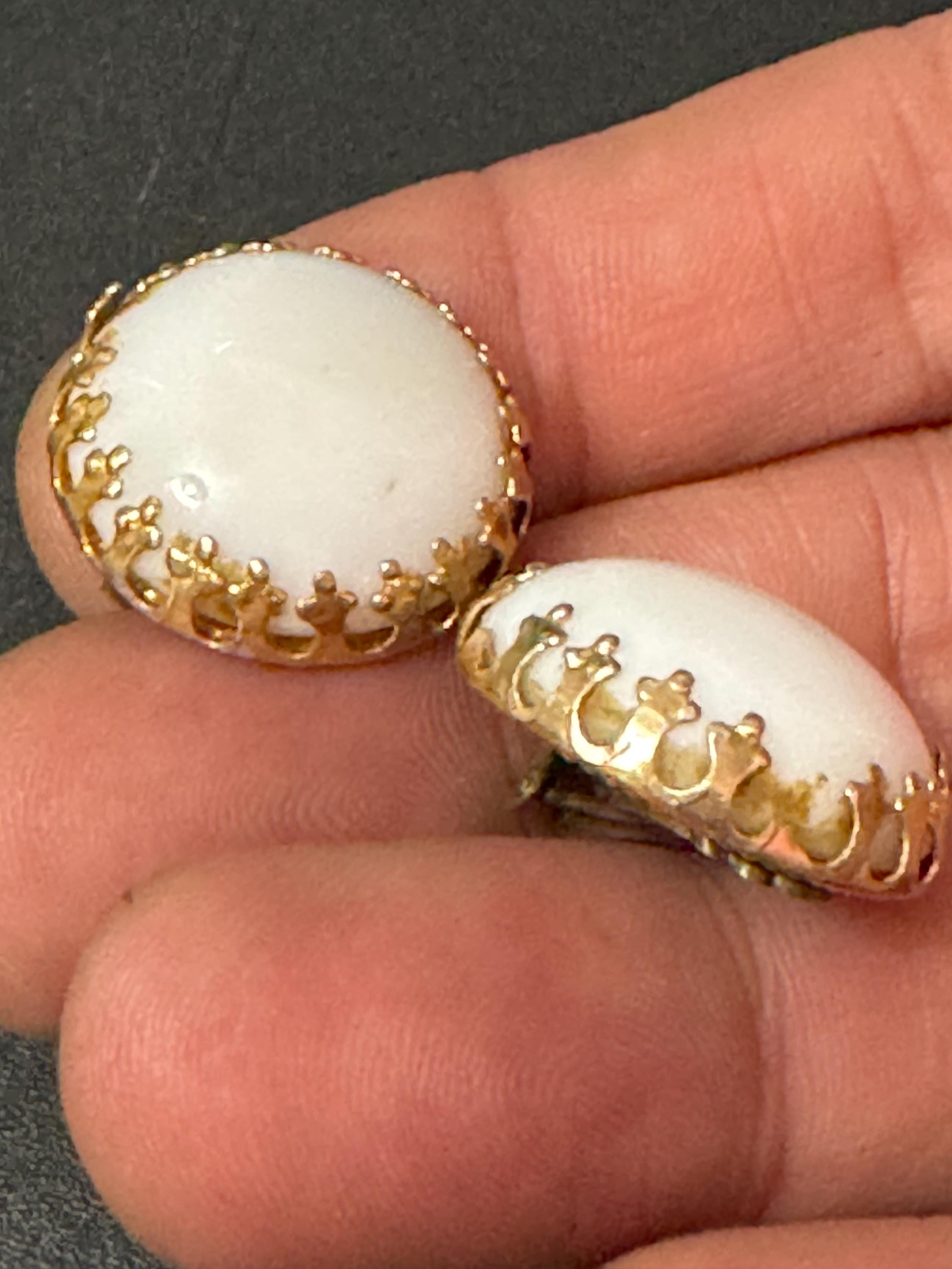 Vintage 1950s 1960s milk glass white beaded button Clip On Earrings, domed gold tone