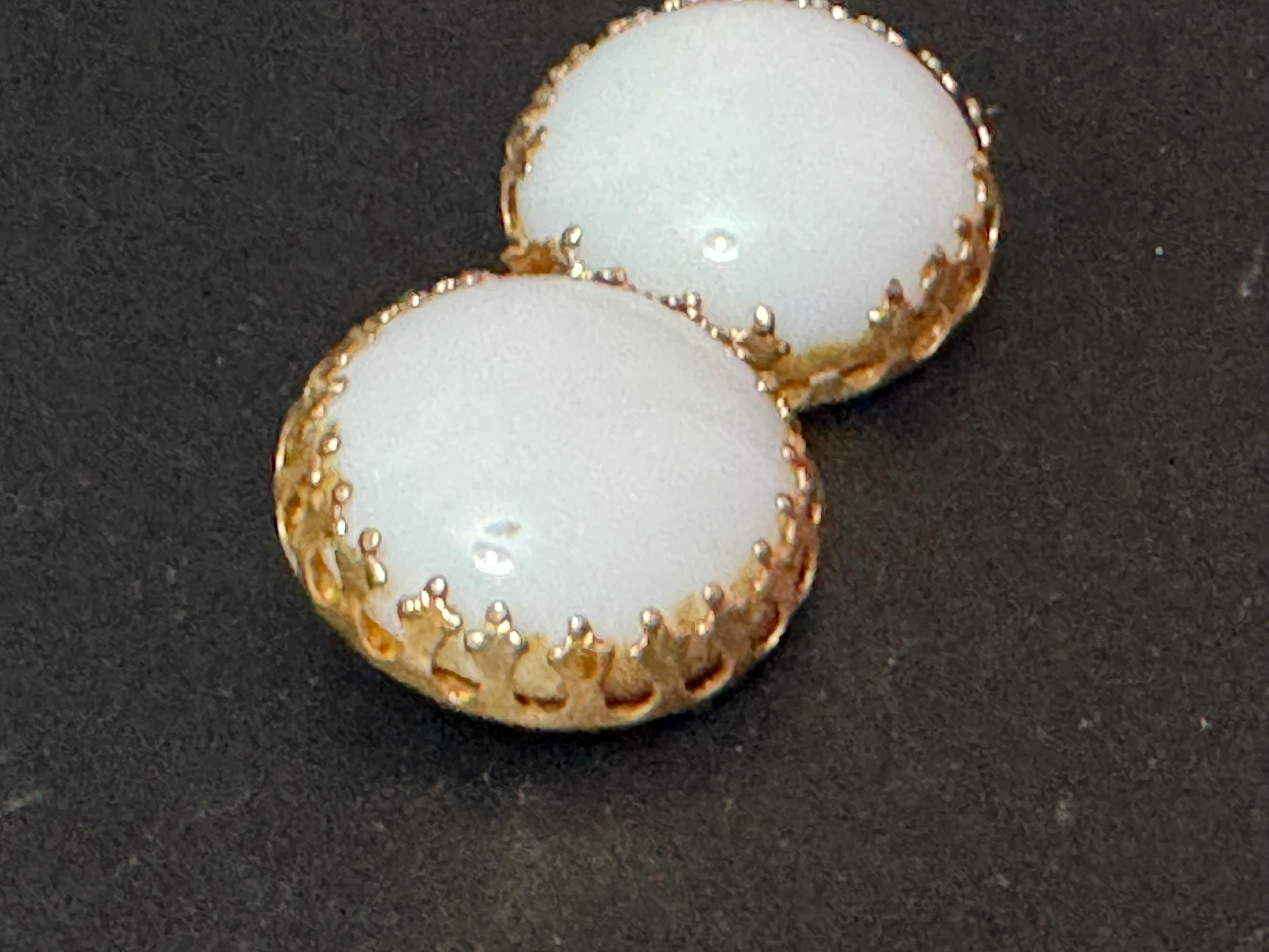 Vintage 1950s 1960s milk glass white beaded button Clip On Earrings, domed gold tone
