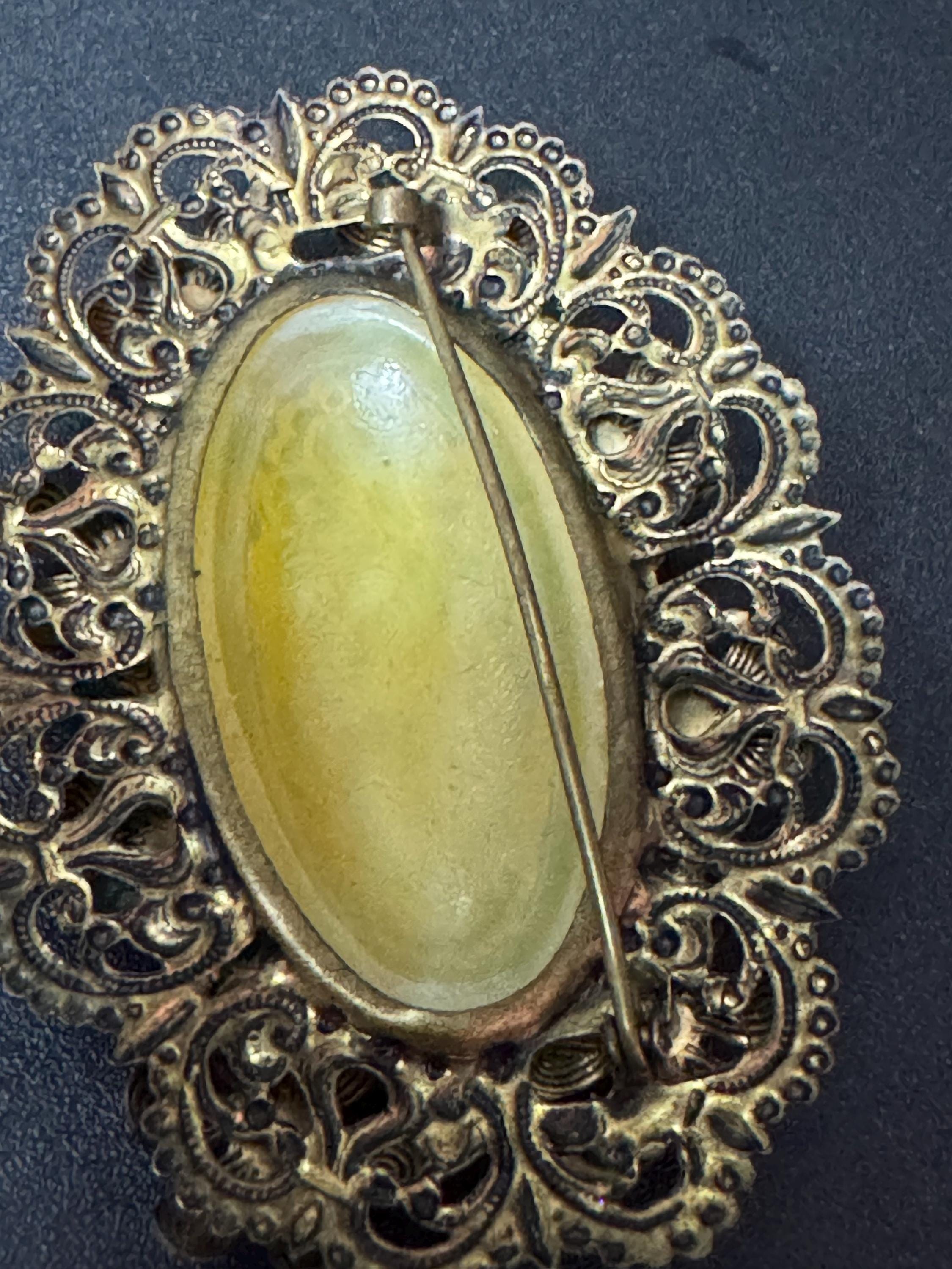 Antique Czech Art Deco Brooch: Pale Green Glass Cabochon, Filigree Brass