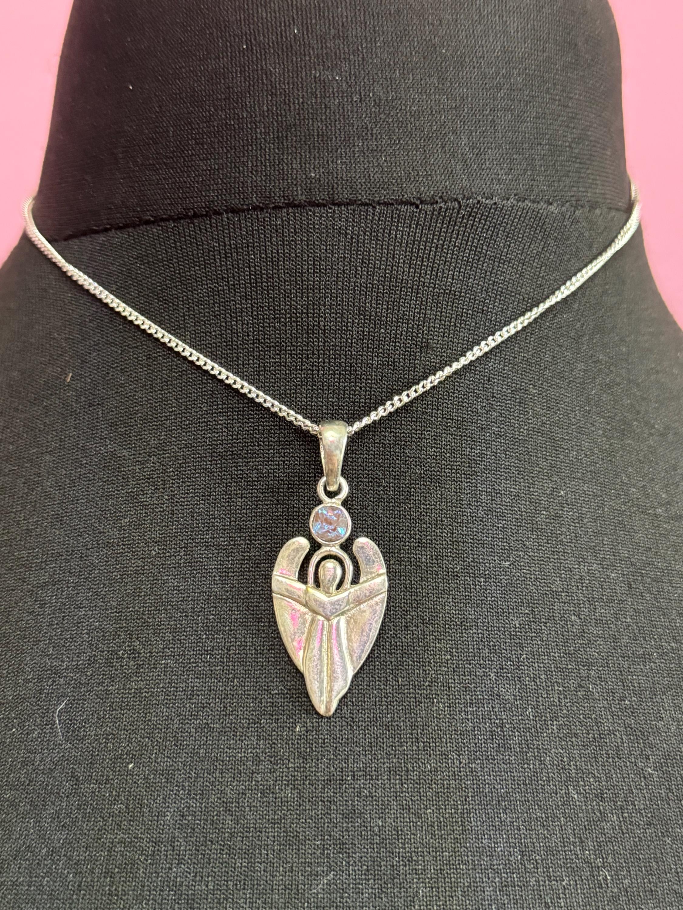 925 sterling silver Czech saphiret gemstone angel pendant and fine chain